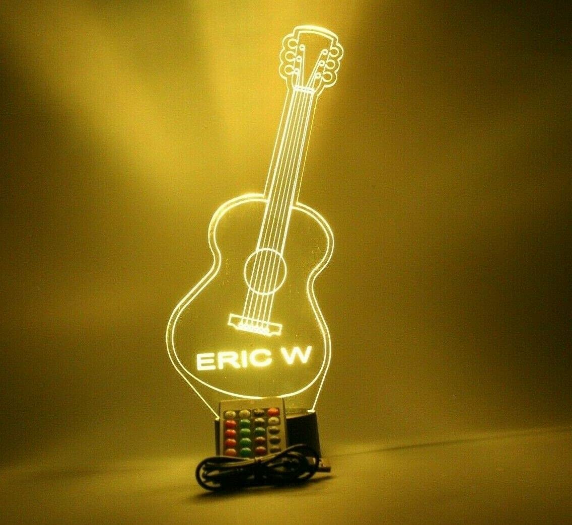 Mirror Mania Guitar Night Light Up Table Lamp Led Personalized Name Engraved Acoustic Lap Guitars Music Instrument - It'S Wow, With Remote, 16 Color Options, Dimmer, Engraved, Guitarist