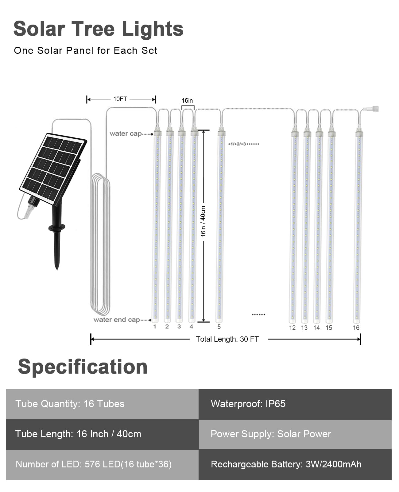 Pomelotree Meteor Shower Lights Outdoor Solar Meteor Light Falling Rain Lights 16 Tubes 16 Inch 576Led Cascading Snowfall Christmas Light For Holiday Wedding Year Party Yard House Roof Tree Mall Decoration