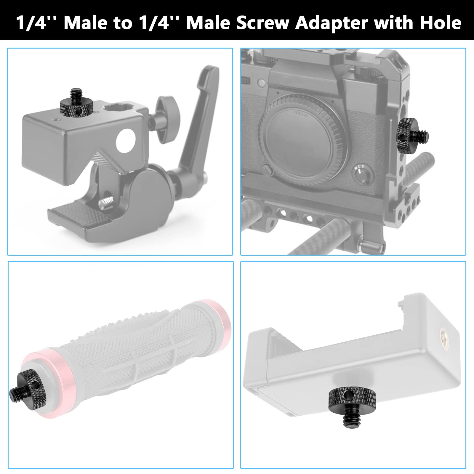 Sanchamy 1/4" Male To 1/4" Male Threaded Tripod Screw Adapter Standard Mounting Thread Converter W/Hole For Camera Cage Mount Light Stand Monopo Shoulder Rig Tripod-6 Packs(Hex Wrench Included)