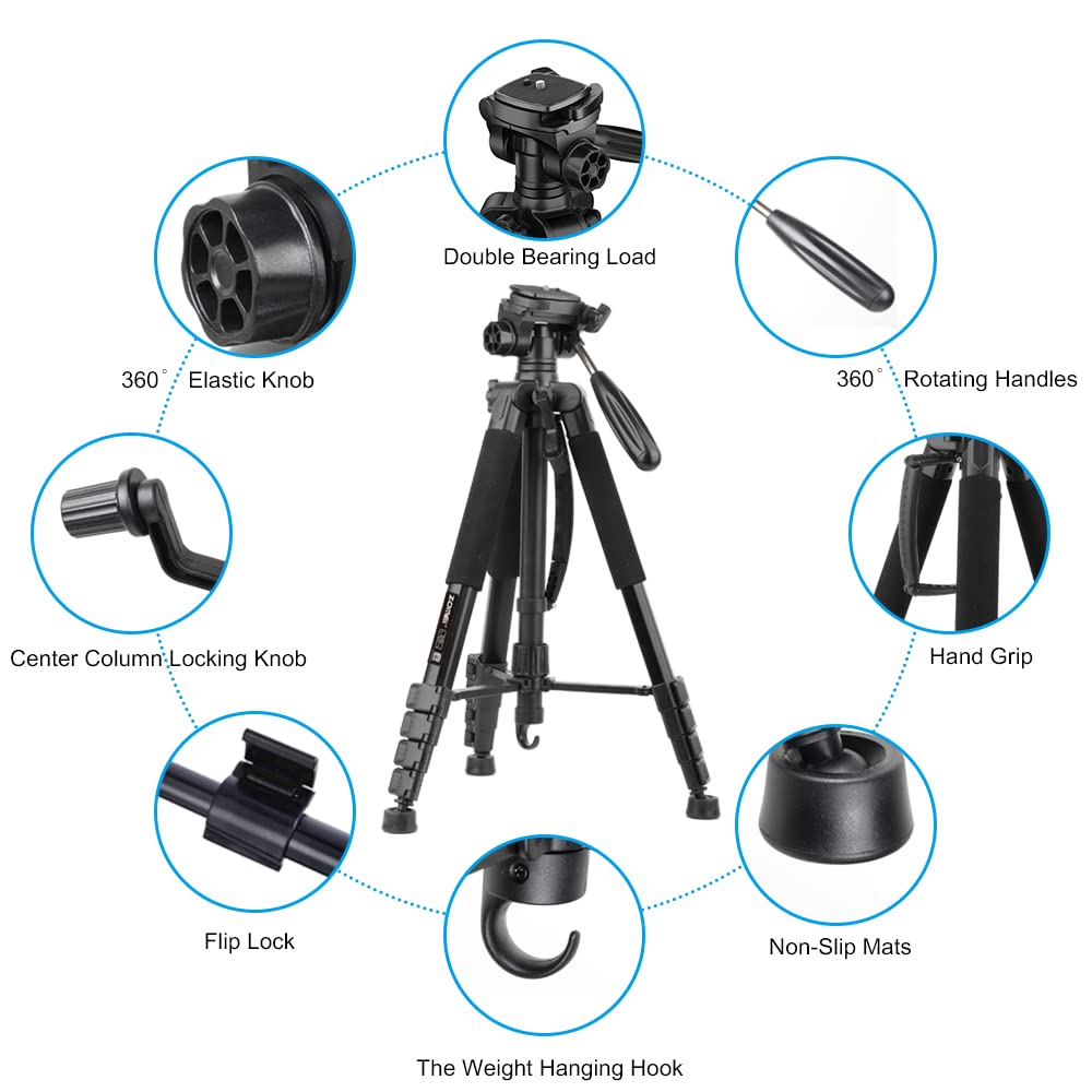 Uegogo 74"/188Cm Lightweight Camera Tripod Holder For Dslr Slr Camera, Portable Tall Tripod Stand With Carry Bag & Phone Holder Perfect For Video Recording/Selfies/Live Stream/Vlogging