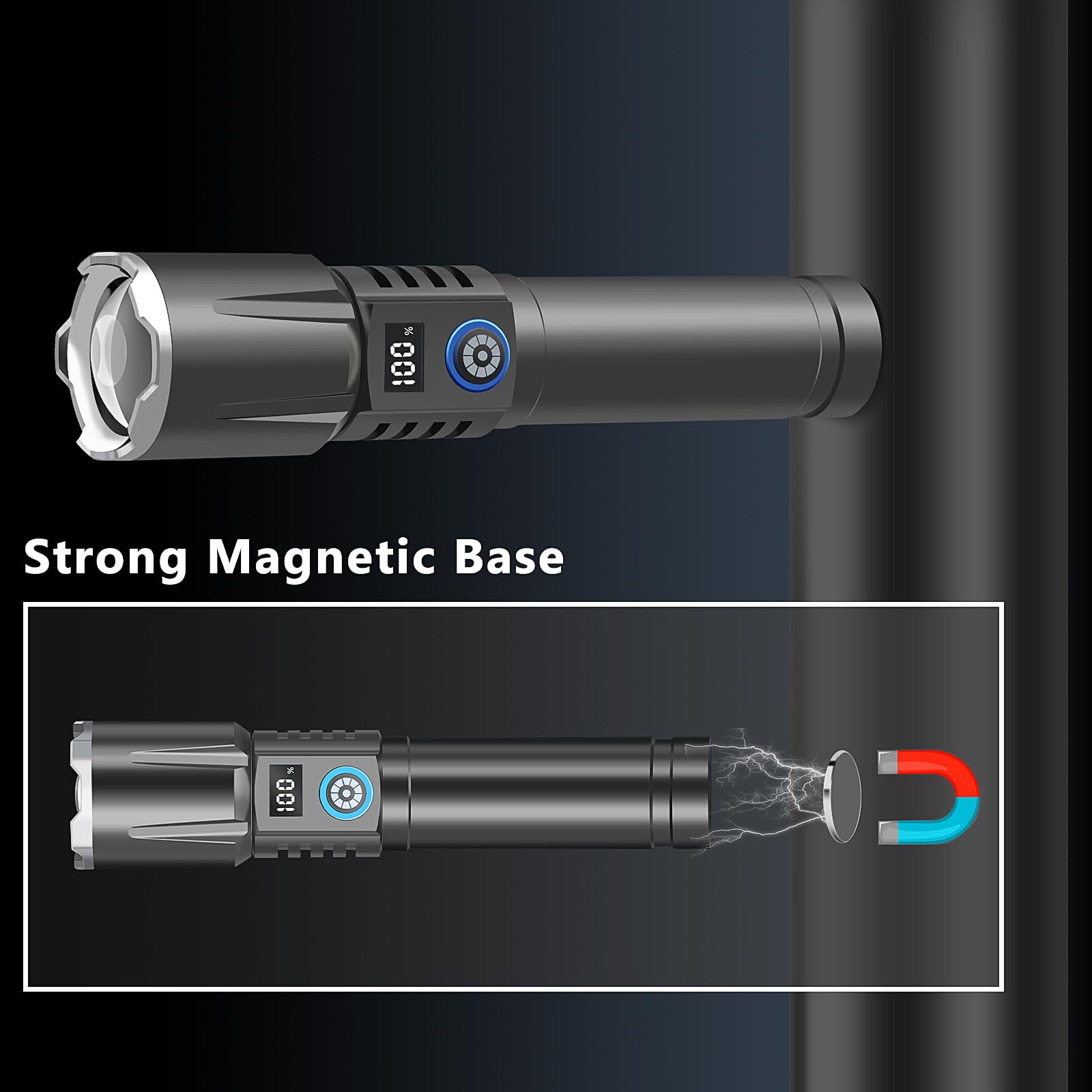 Bestsun 2 Pack Rechargeable Flashlights High Lumens, Magnetic Flashlight Super Bright Small Emergency Flash Light With Lcd Digital Power Display,5 Modes Zoomable Tactical Flashlight For Home Camping Hiking