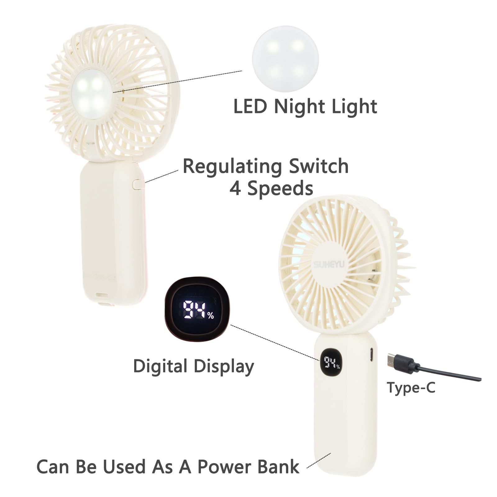 Portable Handheld Fan,Small Fan Usb Rechargable With 4000Mah Battery As Powerbank, Mini Fan In Led