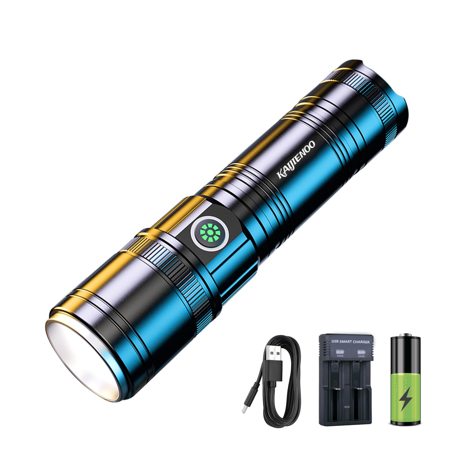 Kaijienoo Rechargeable Flashlights High Lumens,Super Bright Led Flashlight For Home,Strong Flashlights For Campin & Emergency,Zoomable & Power Indicator,Bright Spotlight Flashlight With Portable Clip& Boxed