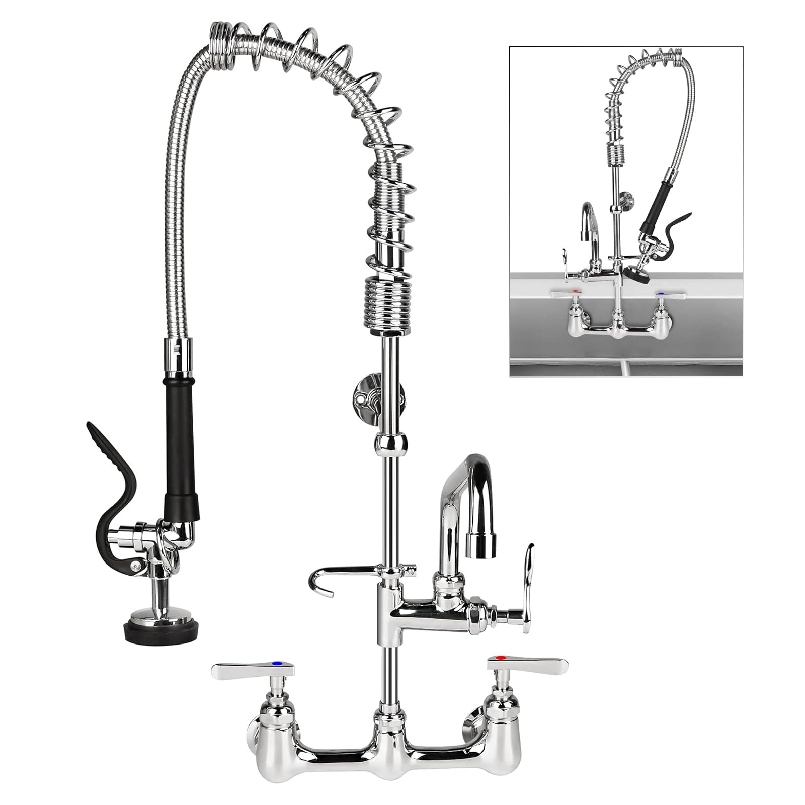 Tceumik Commercial Kitchen Faucet With Sprayer Wall Mount 25'' Height 8 Inch Adjustable Center Industrial & Restaurant Sink Faucet With 12" Swivel Spout Pre-Rinse Faucet For 1 2 3 Compartment Sink