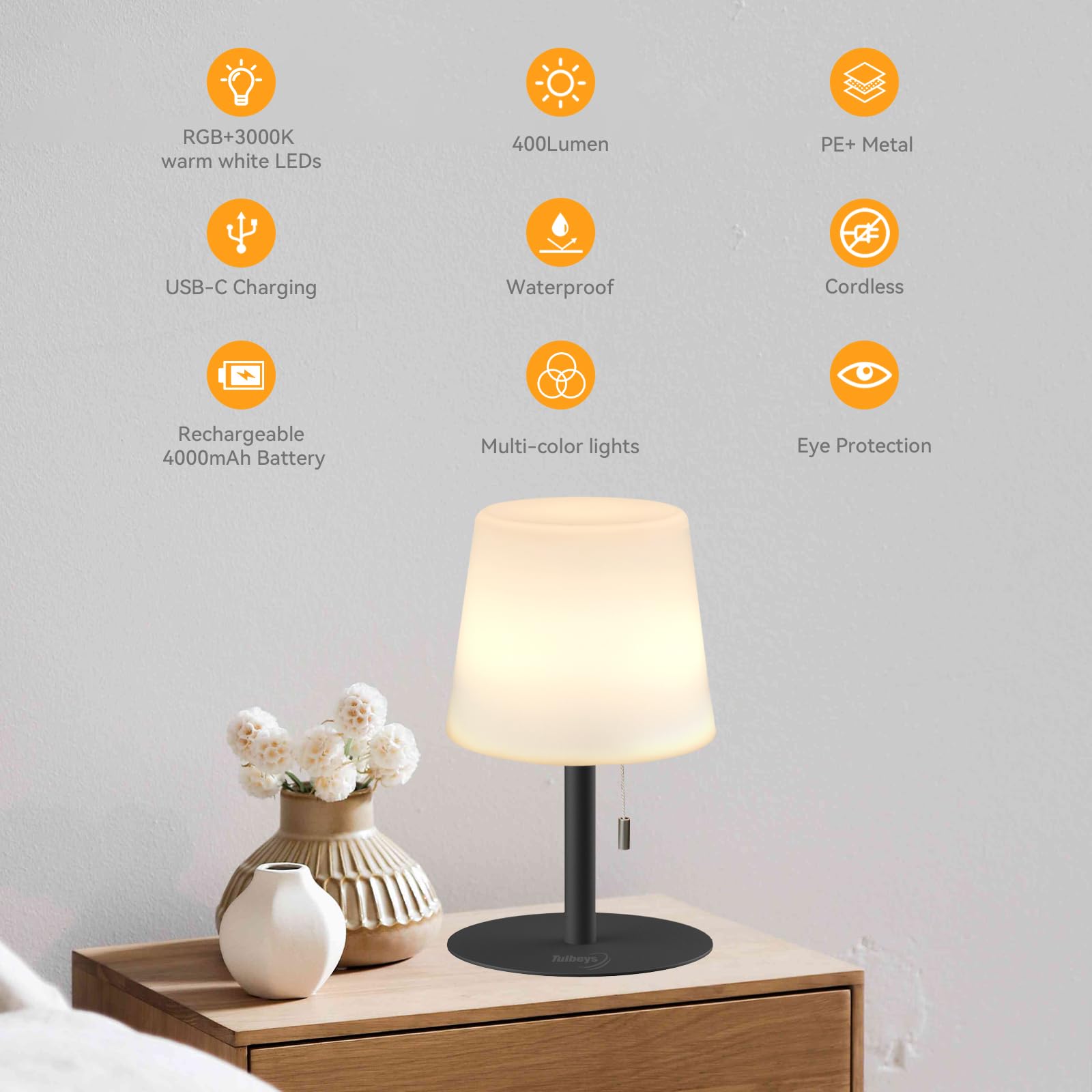 Tulbeys Warm & Rgb Cordless Table Lamp, Rechargeable Outdoor Battery Table Lamp Shower Waterproof Bedroom Lamps, Small Bedside Lamps For Night Stands
