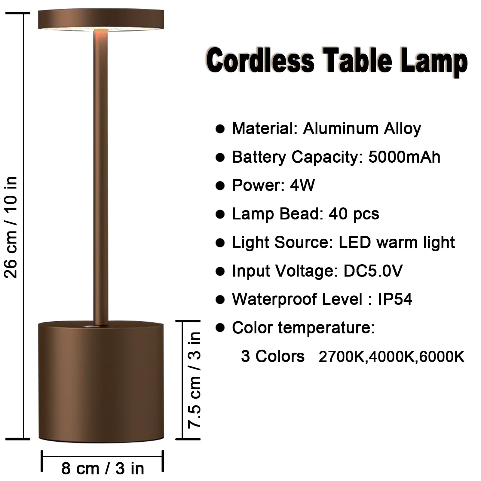 Seihoae Cordless Table Lamp, 5000Mah Rechargeable Battery, Ip54 Waterproof, Aluminum Alloy, 3 Color Modes Stepless Dimming Up To 40 Hours, For Buffet/Restaurant/Bedroom, Brown Set Of 2