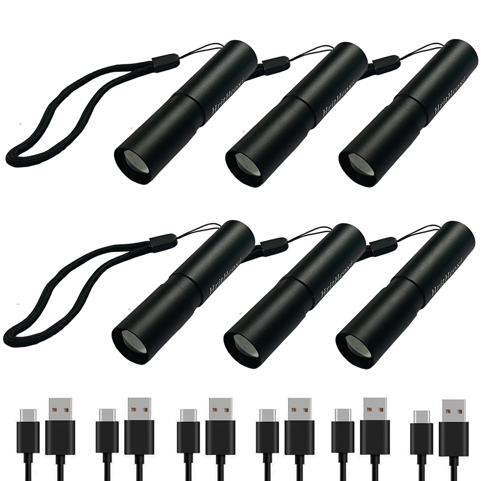 Hrithcoxi Rechargeable Mini Led Flashlights, 6Pcs High Brightness Flash Light With Lithium Battery 3 Mode Xpe 1200 Lumen Waterproof Zoomable Torch With Usb Cable For Camping, Hiking, Riding, Etc