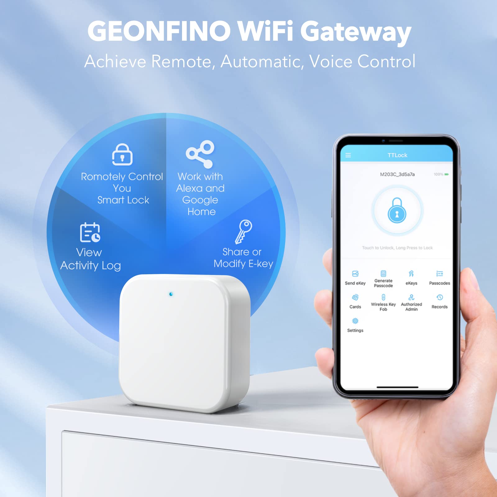 Geonfino Smart Wi-Fi Gateway, G2 Hub For Keyless Entry Remote Control & Manage Bluetooth Deadbolt Door Lock With Ttlock App, Wi-Fi Bridge Compatible With Alexa Google Home For Voice Control