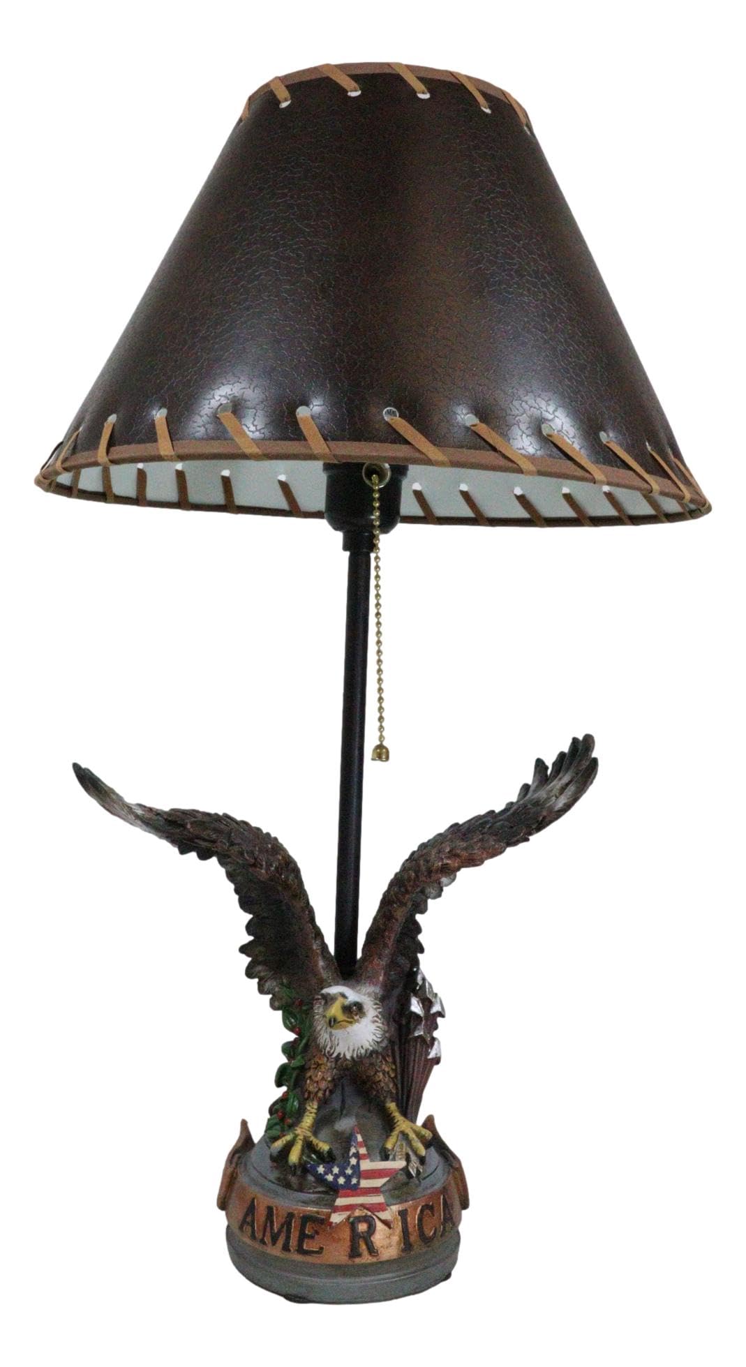 Ebros Gift Rustic Memorial Patriotic American Flag Star Wings Of Glory Flying Bald Eagle Memorial Desktop Side Table Lamp With Brown Faux Leather Laced Shade
