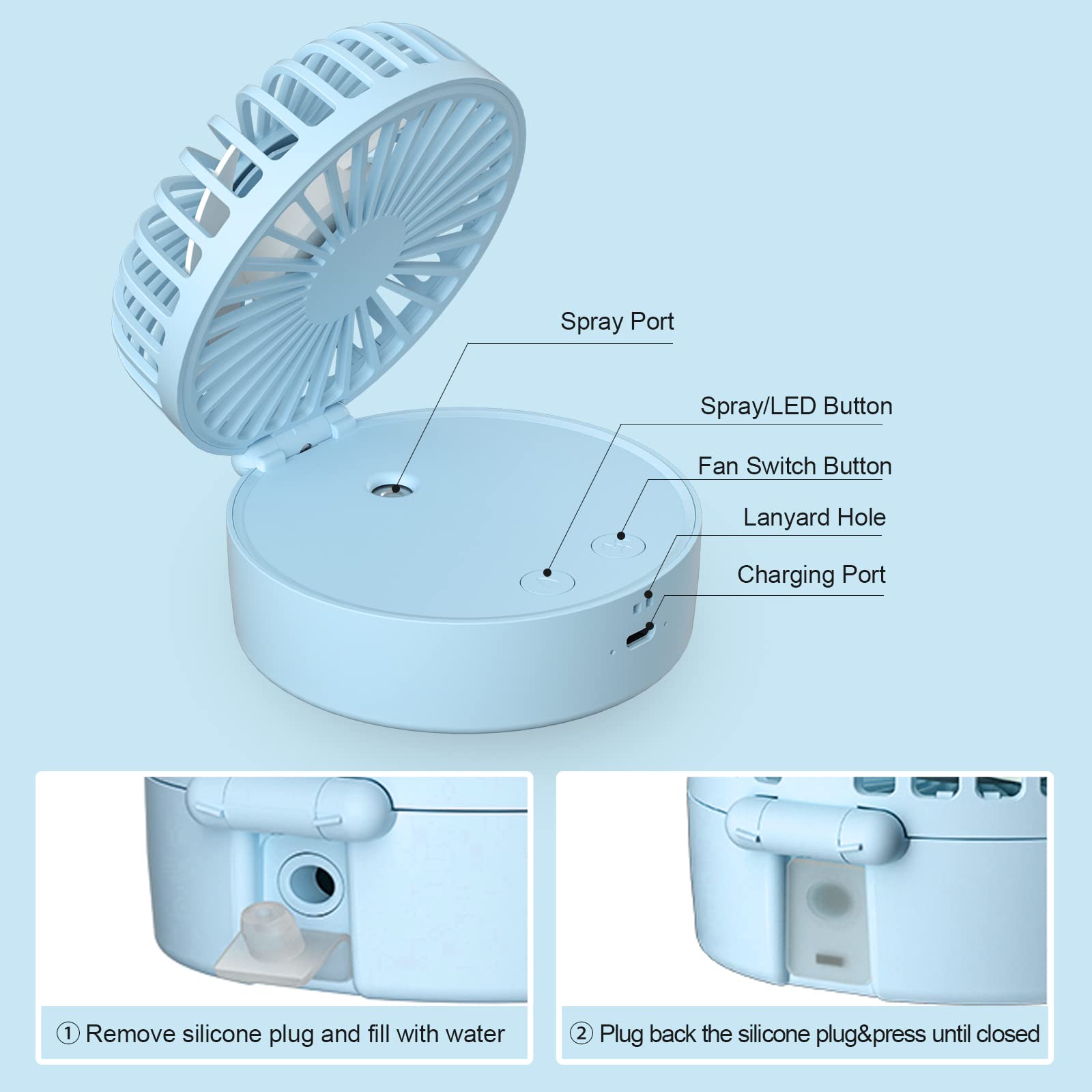 Mini Portable 3-In-1 Misting Fan With Colorful Led, Foldable, Quiet, Personal Fan For Women Men