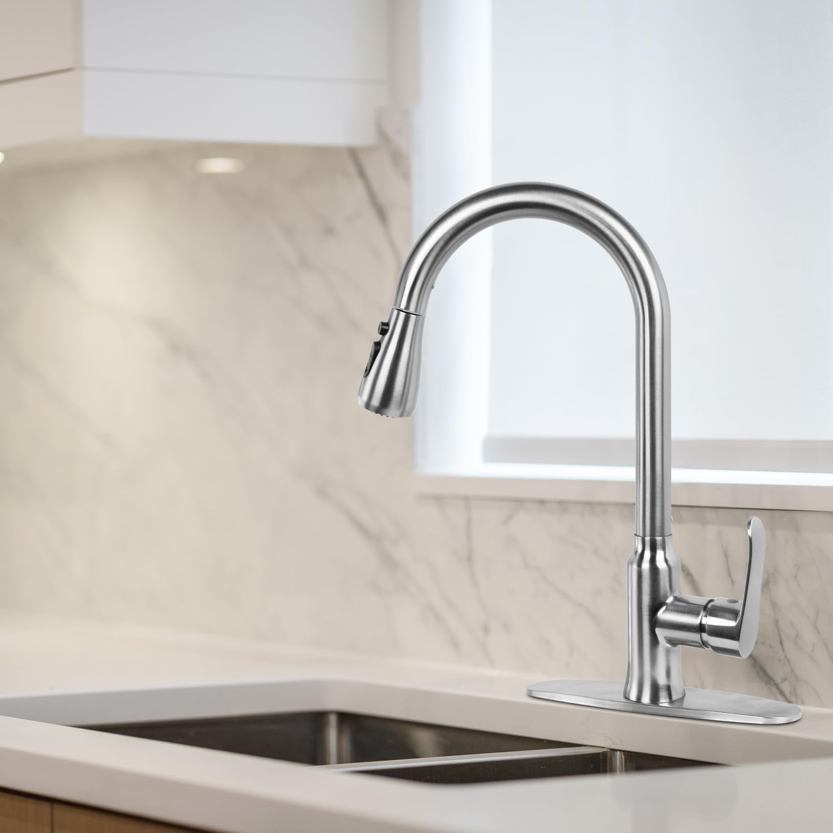 Makein Kitchen Faucet With Pull Down Sprayer, Brushed Nickel Kitchen Sink Faucet, Single Handle Stainless Steel Rv Faucet For Kitchen Sink With Deck Plate