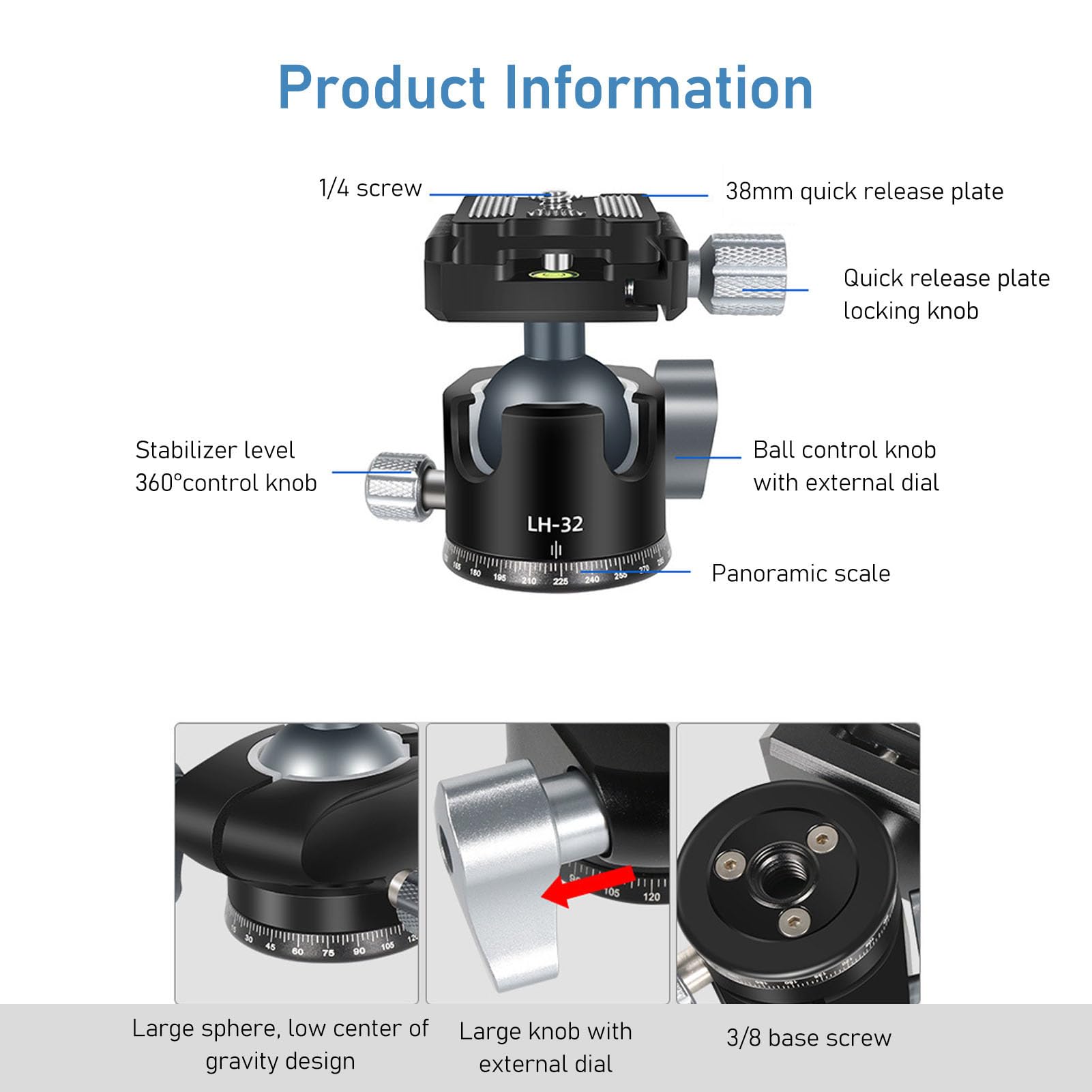 Vikye Spherical Head Camera Stabilizer, 1/4 Inch Aluminum Alloy Top Screw For Slr Cameras, Digital Cameras Camera Tripod Stabilizer