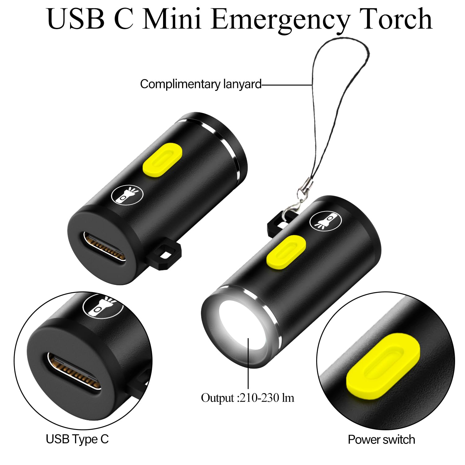 Qianrenon Usb C Mini Glare Torch Usb Type C Emergency Llluminated Lamp, 5V 1W, Aluminium Alloy, Shell With Keychain Lanyard, For Camping Outdoor, 2Pcs