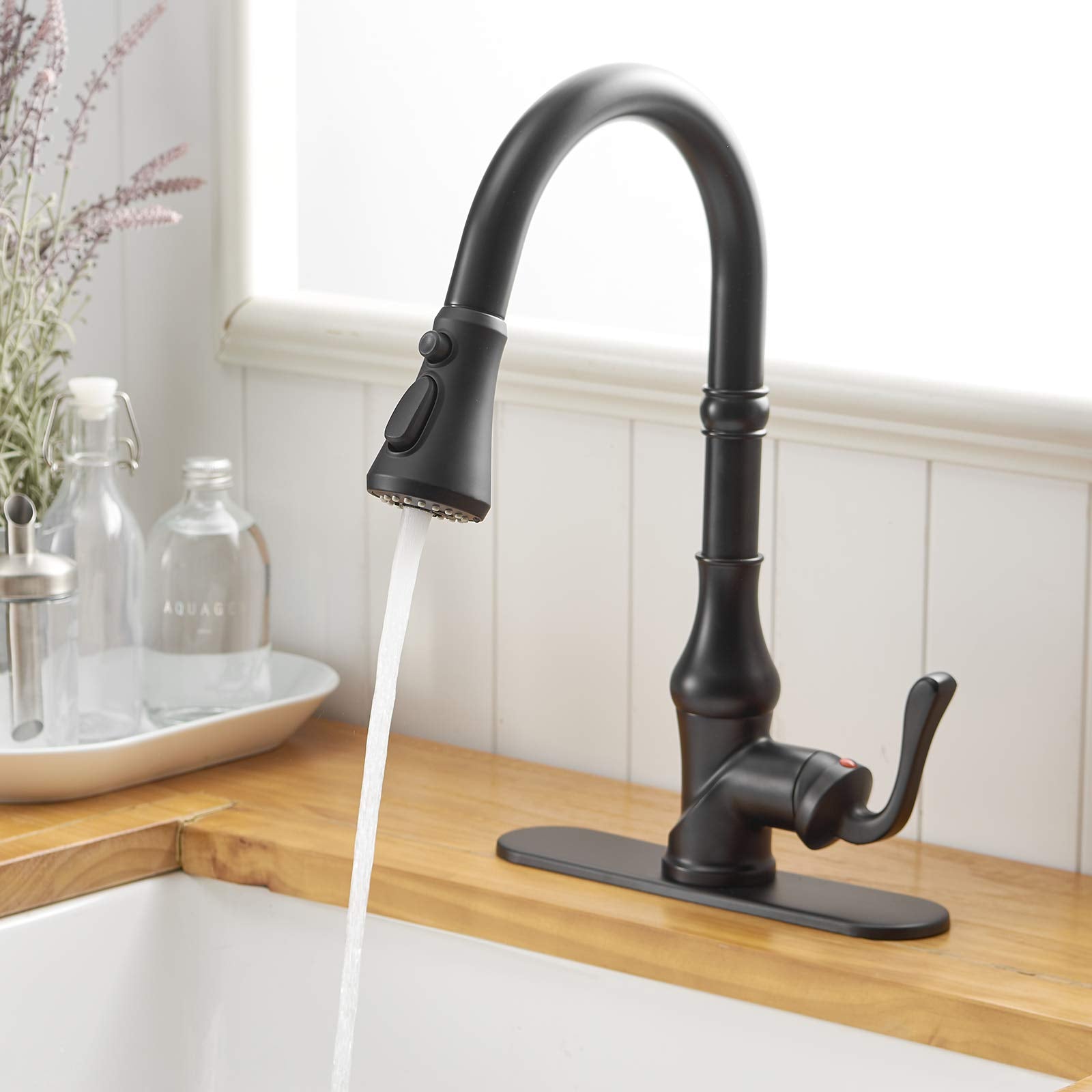 Bwe Kitchen Faucet Matte Black With Pull Out Sprayer 3 Spray Modes Farmhouse Single Handle Singe Lever Gooseneck High Arc Kitchen Sink Faucet With Deck Plate Commercial Bar Kitchen Faucets