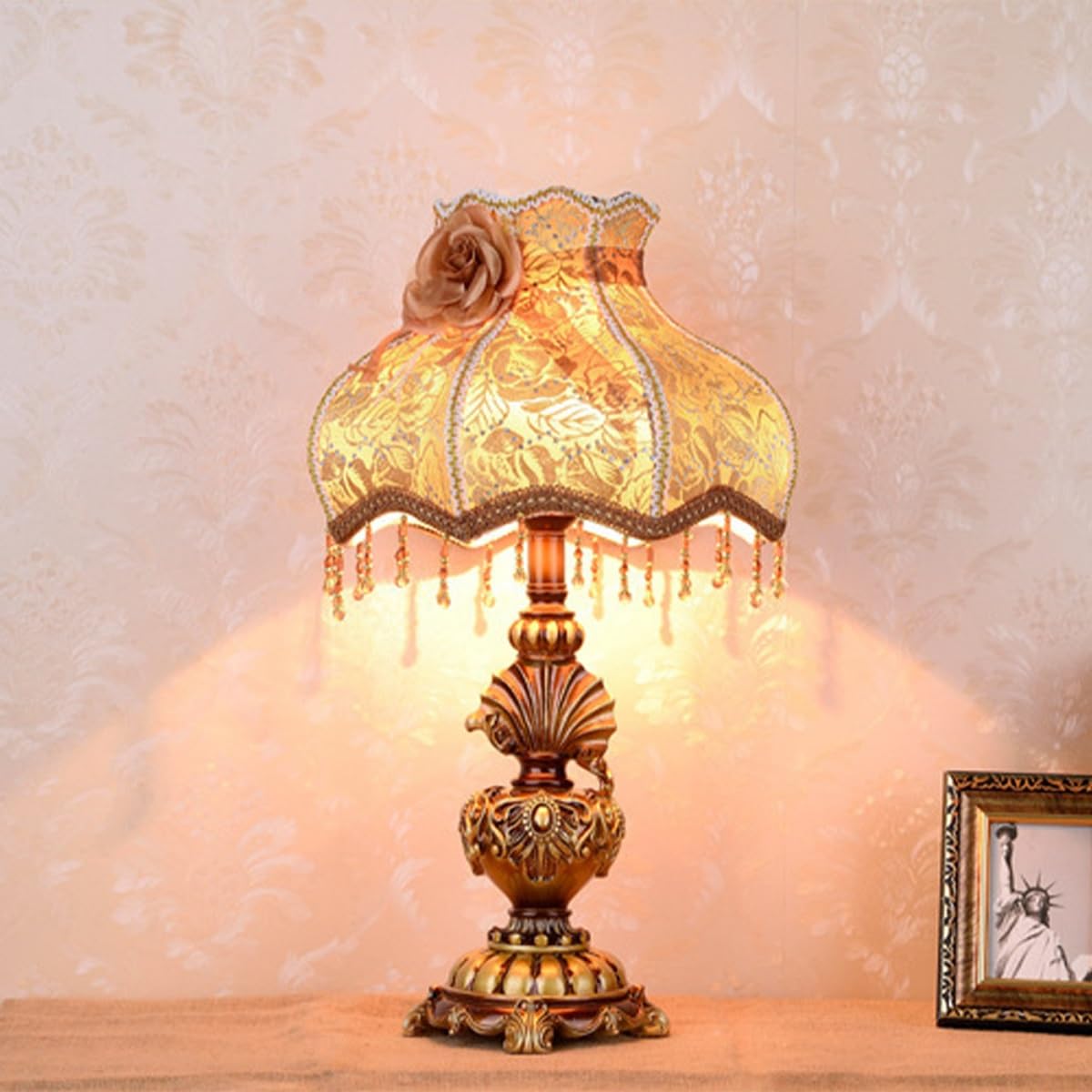 Tfcfl Victorian Embroidered Table Lamp, Elegant Fabric Bedside Lamp Light Gorgeous Nightstand Lamp Desk Lamp Light Vintage Painted Resin Base For Bedroom Living Room