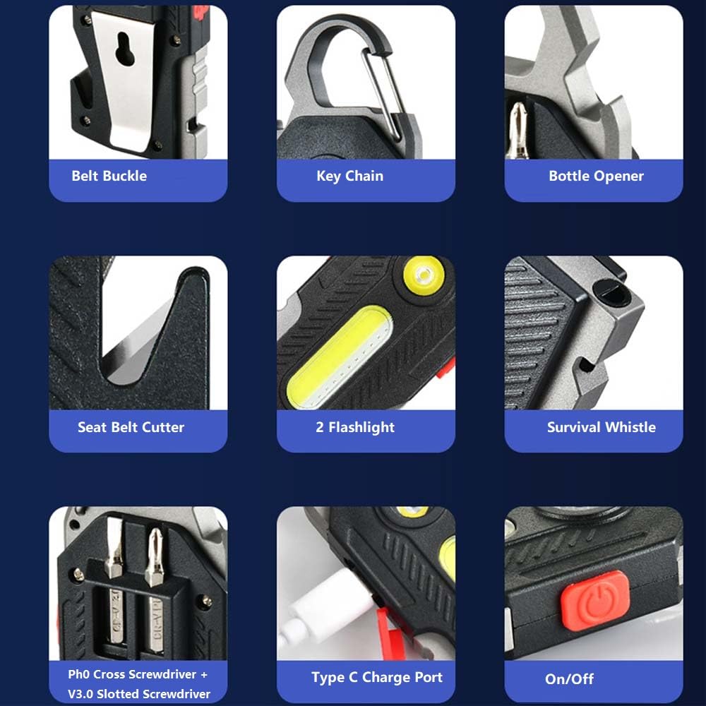 Weleshei Multifunctional Flashlight 7 In1 Cob Keychain Bright Work Light Rechargeable Portable Led Sos Light With Bottle Opener Seat Belt Cutter Survival Whistle Screwdriver For Camping Walking Hiking