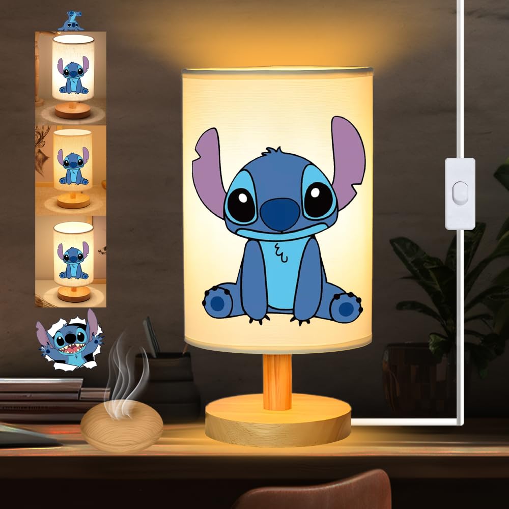 Gifizol Stitch Bedside Table Lamp For Bedroom, Stitch - 3 Colors Nightstand Light Lamp, Wood Base Round Flaxen Fabric Shade Desk Reading Lamp For Kids Room, Led Bulb Included, Stitch Stuff Girls