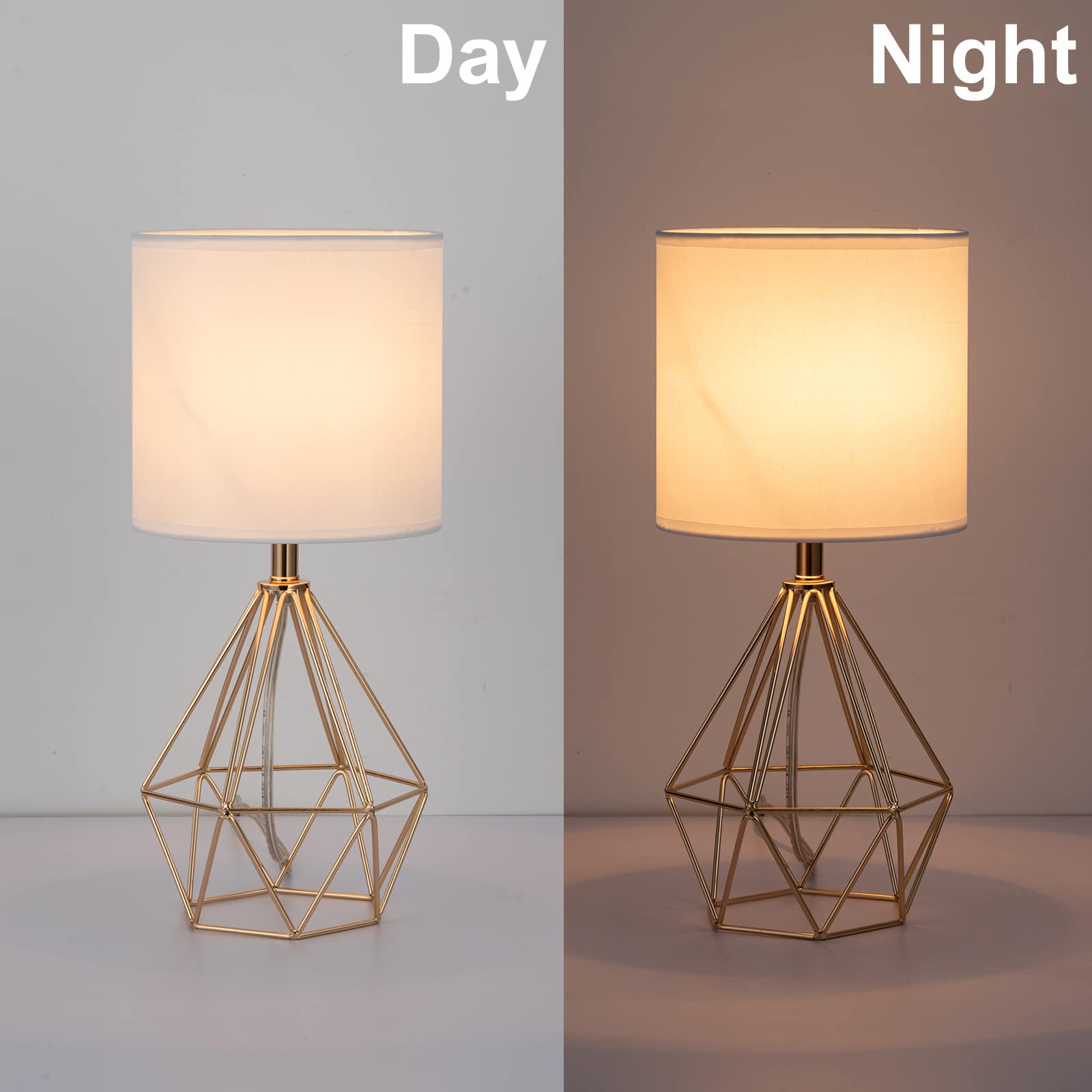 Sottae Gold Table Lamps Set Of 2, Small Gold End Table Lamp With White Fabric Shade,Bedside Nightstand Lamp With Geometric Metal Design,Modern Desk Lamp For Living Room Bedroom