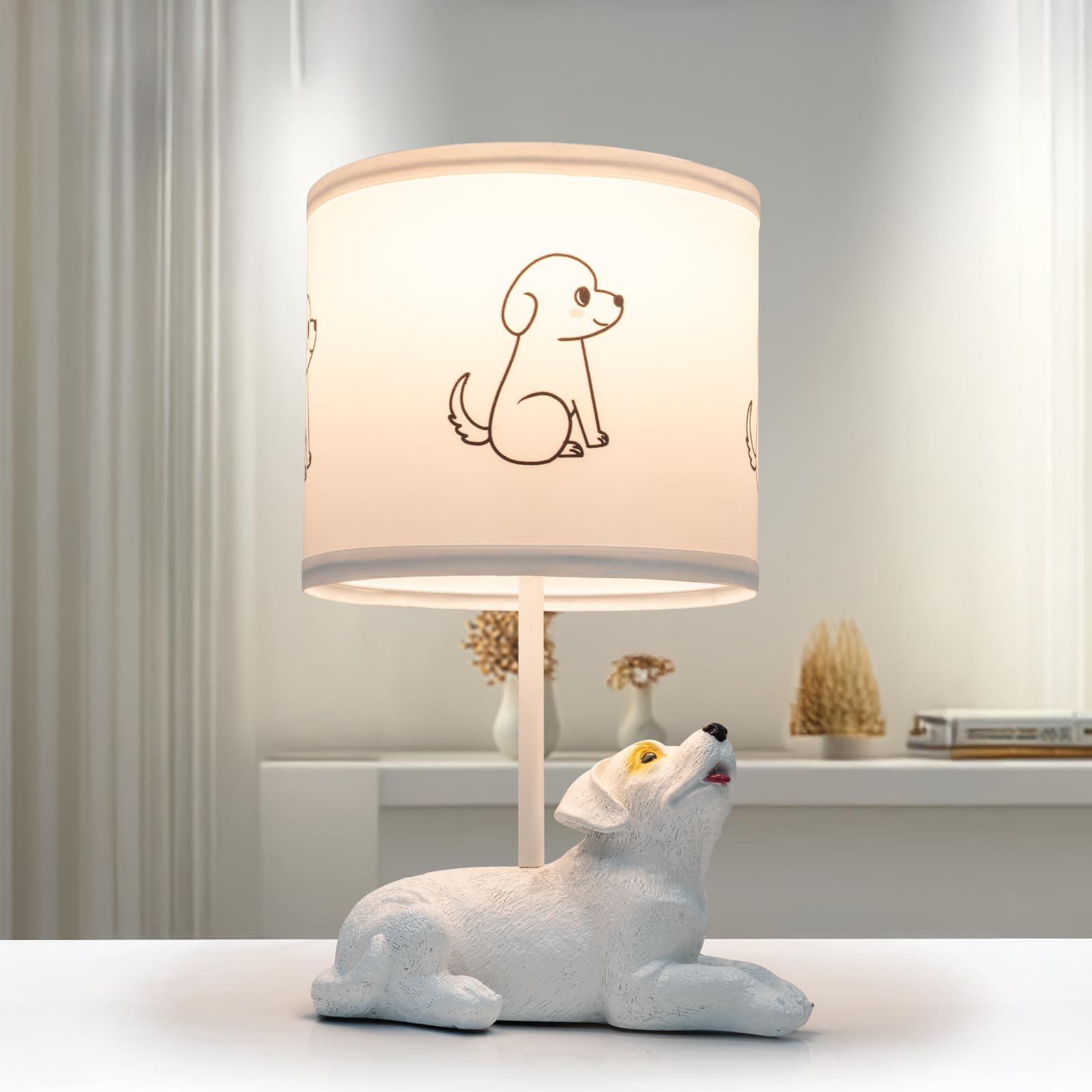 Velxee Table Lamp For Living Room, Farmhouse Bedside Resin Single Lamp With White Dog Lamp Shape For Bedroom Retro Rustic Nightstand Lamp