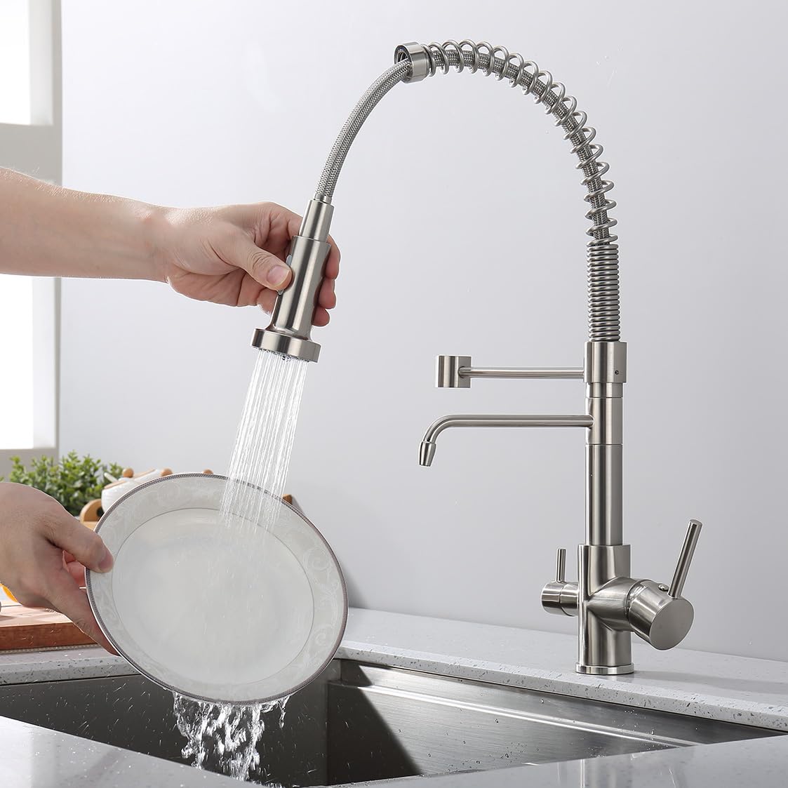 Fonveth 3 Way Kitchen Faucet, Drinking Water Faucet, Filter Kitchen Faucet For Water Filtration System, 3 In 1 Commercial Style Pull-Down 2 Handles, Brushed Nickel