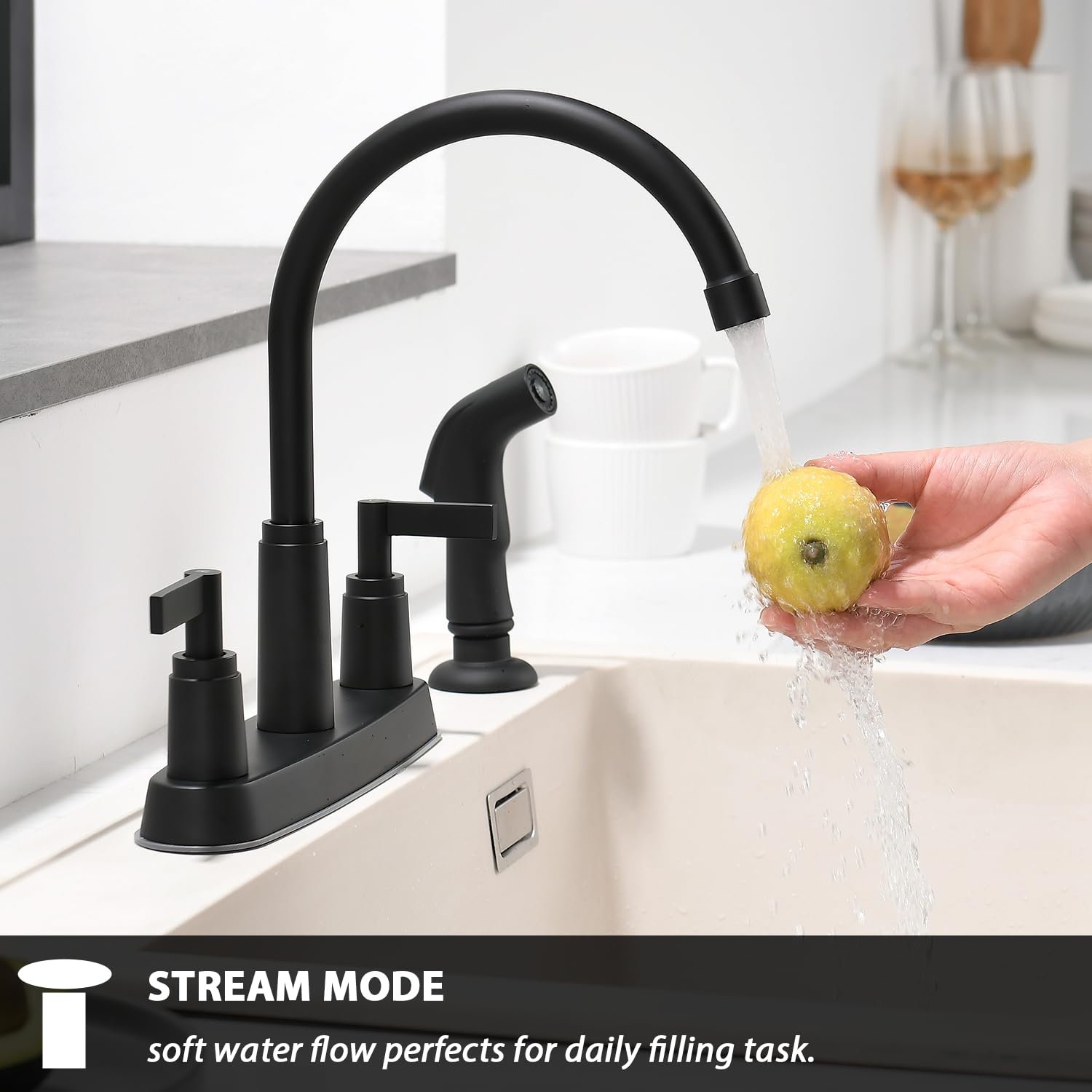 Rainmax Modern 2 Handle Kitchen Sink Faucet With Side Sprayer, High Arc 360 Swivel Stainless Steel 3 Or 4 Hole Kitchen Faucet For Rv Camper Laundry Utility Bar Sinks, Matte Black