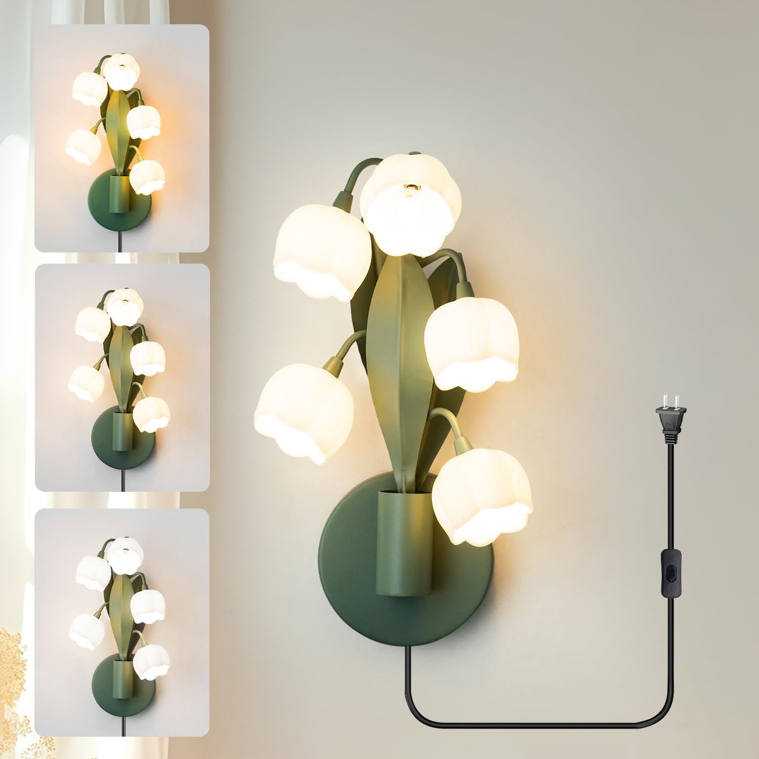 Werfop Vintage Flower Wall Sconce, Lily Of The Valley Plug In Wall Lamps For Bedroom 3 Color Modes Wall Mount Lighting Fixture With G4 Led Bulbs For Hallway,Living Room,Office