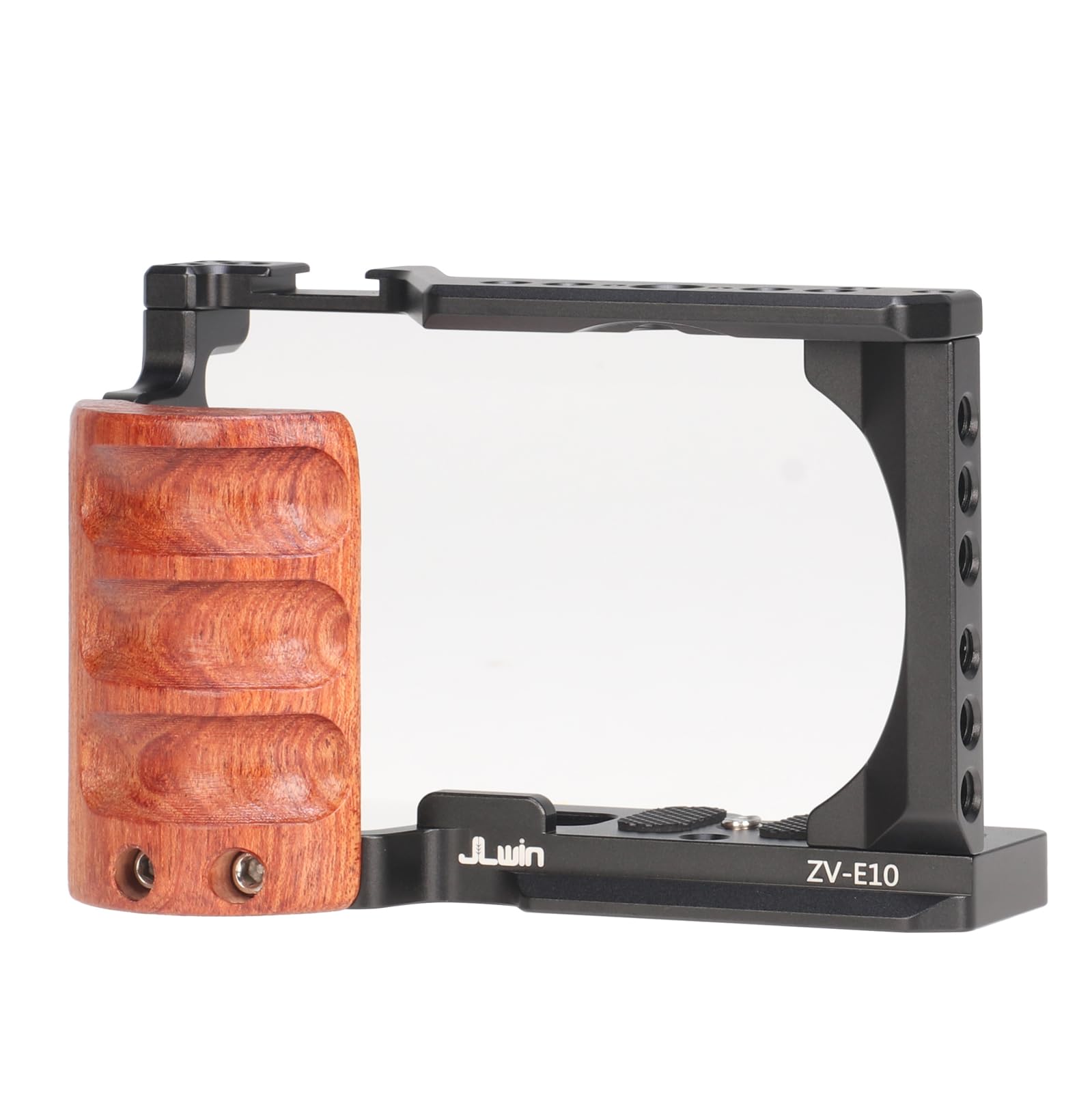 Focusfoto Aluminium Camera Cage With Wooden Side Handle Grip For Sony Alpha Zv-E10 Camera, Extension Full Frame Video Stabilizer With Cold Shoe 1/4"-20 3/8"-16 Locating Hole For Arri Grip, Mic, Led