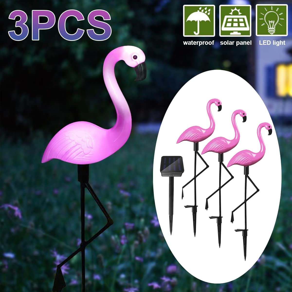 Ratopo Solar Flamingo Light 3 Pcs, Waterproof Solar Garden Lights Outdoor Decor, Pink Flamingo Garden Decor, Birthday Christmas Home Gift, For Yard Lawn Walkway Pathway