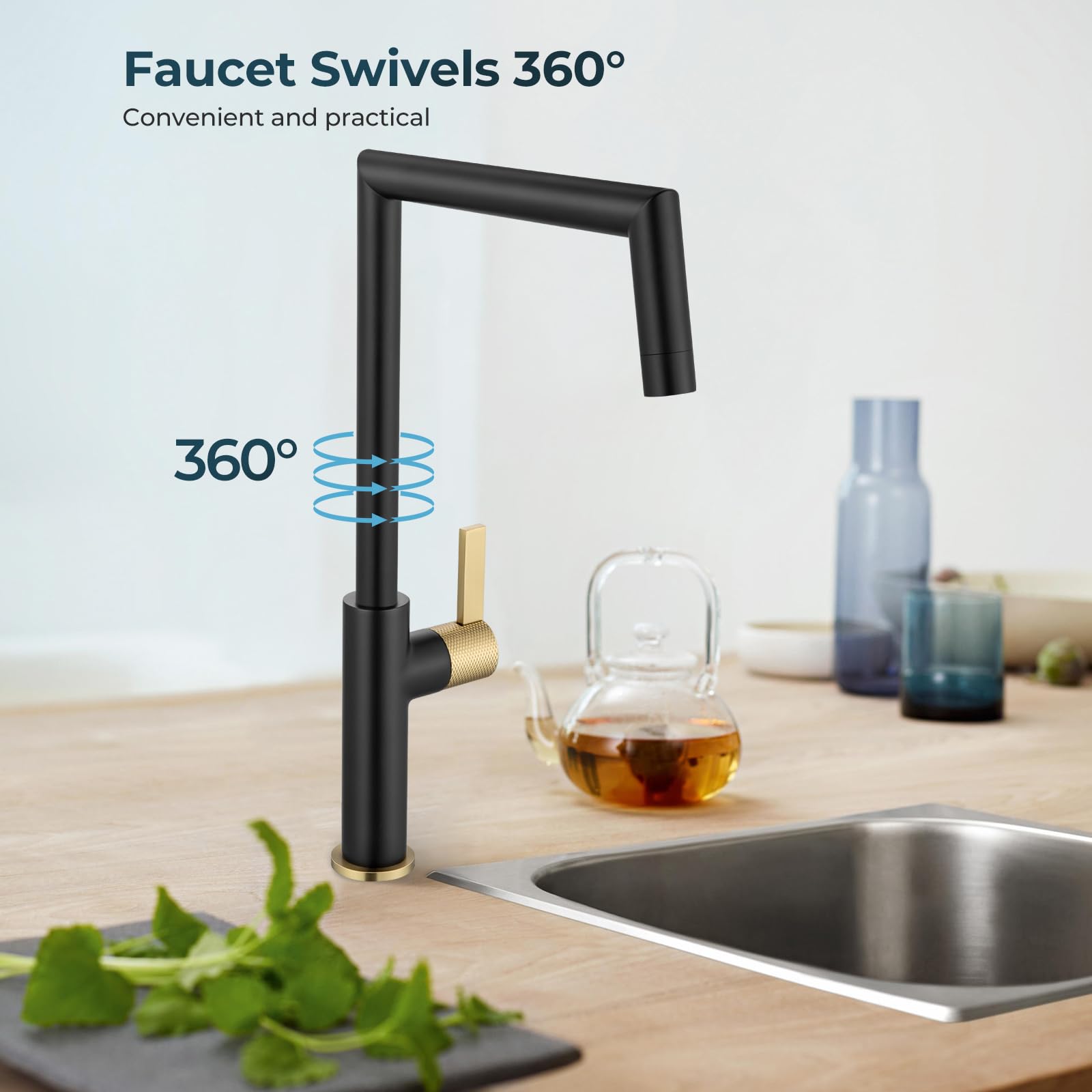 Aection Black And Gold Bar Sink Faucet,Modern 360° Rotatable Single Handle Kitchen Sink Faucet,Matte Black Single Hole Kitchen Sink Faucet For Rv Sinks, And Laundry，Brass Sink Faucet