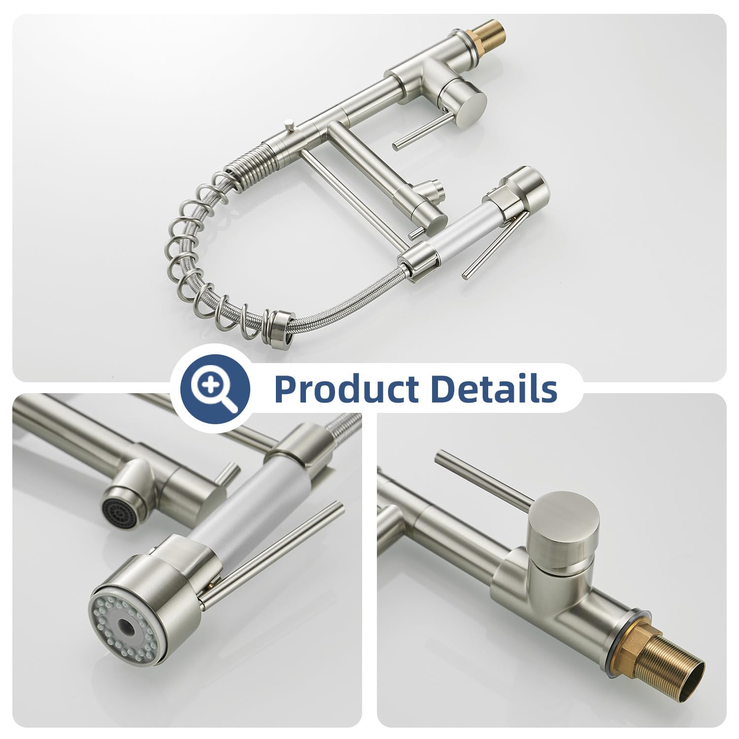Owofan Kitchen Sink Faucet With Pull Down Sprayer, Contemporary Stainless Steel Single Handle Spring Kitchen Faucets Two Outlet With Deck Plate Brushed Nickel