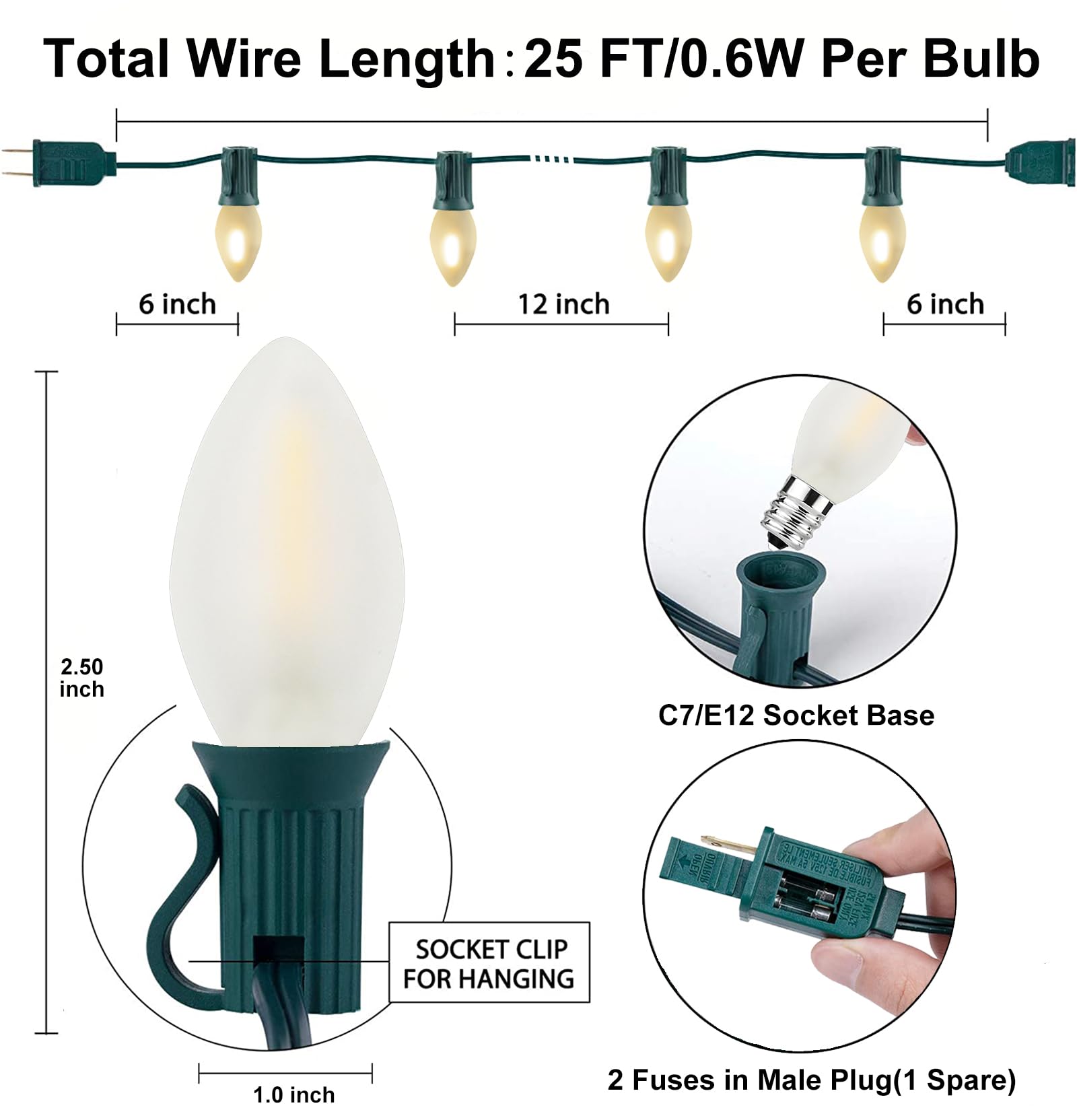 Sunsgne C7 Led Outdoor Christmas String Lights, 25Ft Vintage Christmas Lights With 27 0.6W Frosted White Lights(2 Spare), Vintage Christmas Tree Lights For Tent Porch Balcony Xmas Decor, Green Wire