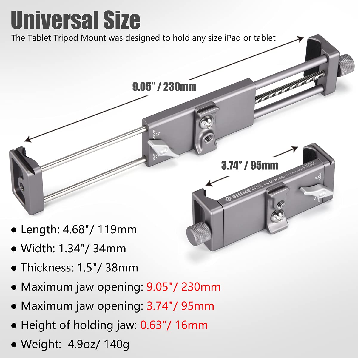 Shiee Full Metal Tablet Tripod Holder – Compatible With Ipad Mini, Air, Pro 1/4" Screw & Arca Dovetail Mounts Universal Tablet Clamp Adapter