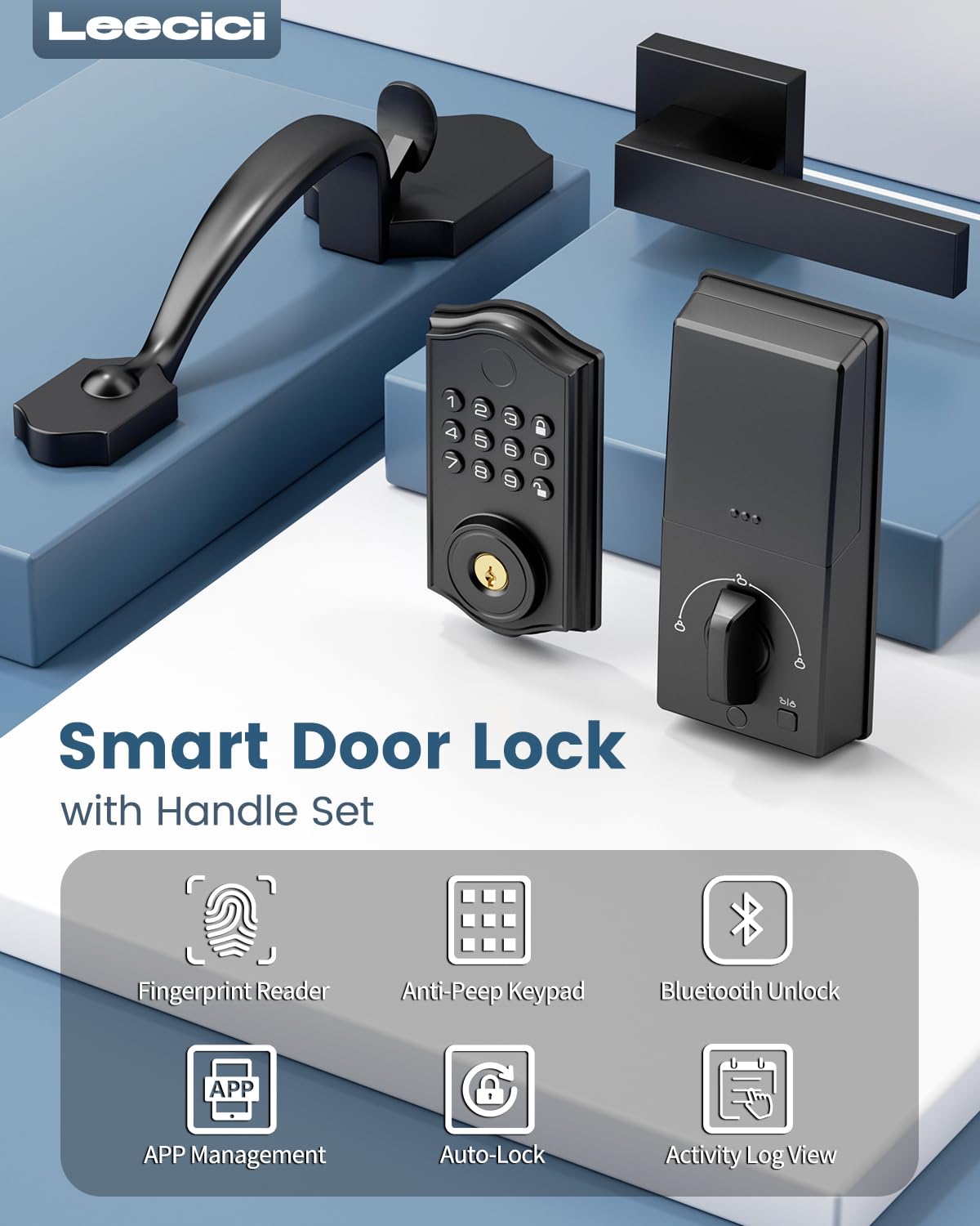 Leecici Smart Front Door Lock Set, App Control Keyless Entry Door Lock With Handle, Smart Fingerprint Deadbolt, Anti-Peeping Electronic Keypad, Auto Lock, Easy Install, Black