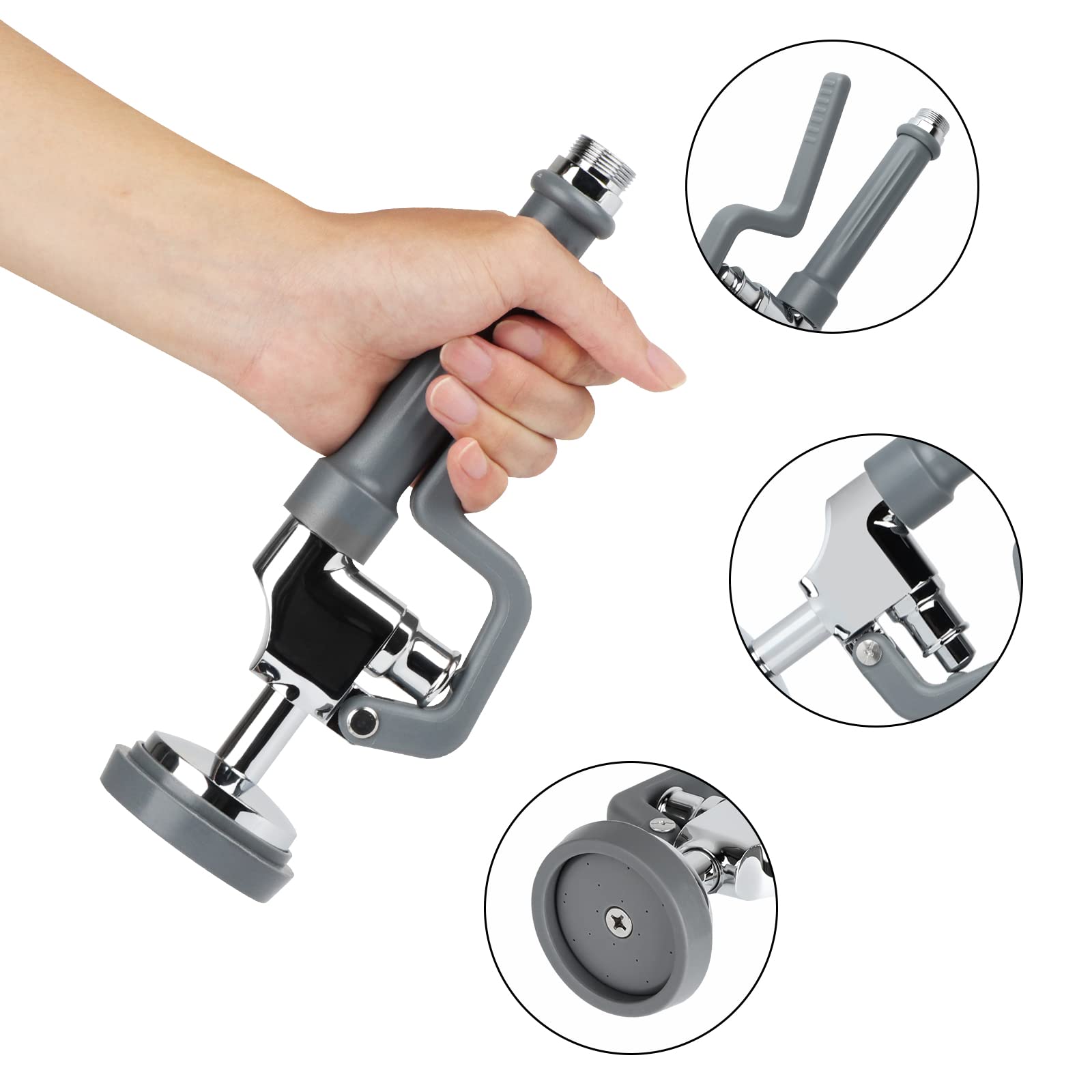 Tceumik Commercial Sink Sprayer Head With Handle Grip, Pre Rinse Spray Valve For Restaurant Kitchen Faucet 1.42Gpm High-Pressure Dish Sprayer Nozzle Assembly Replacement Kit Chrome Brushed (Gray)