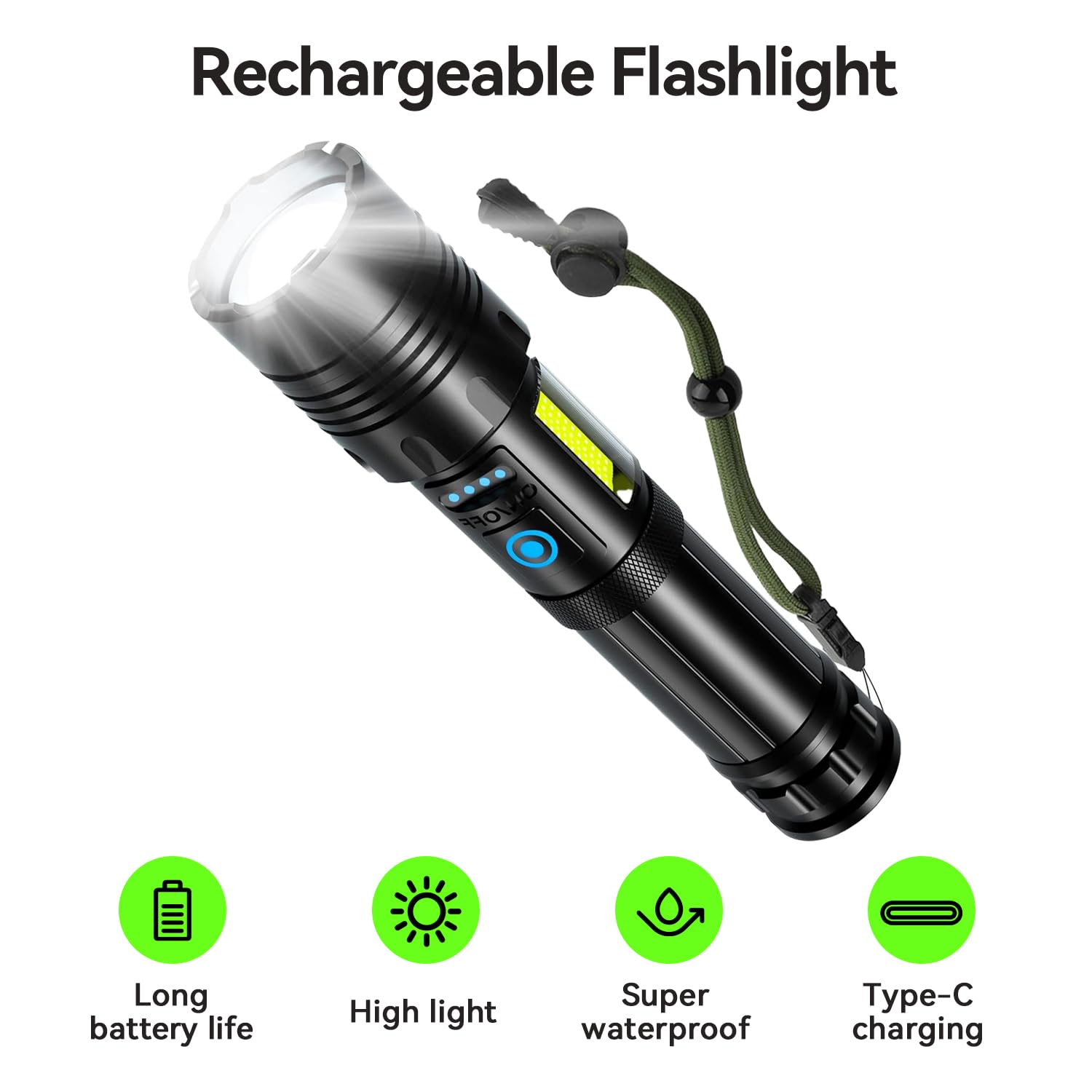 Wohingo Led Rechargeable Torch, 990000 Lumens Flashlight With Cob Side Light,7 Lighting Modes,Adjustable Focus,5000Mah,Ipx7 Waterproof, For Camping,Hiking,Dog Walking,Home,Emergency