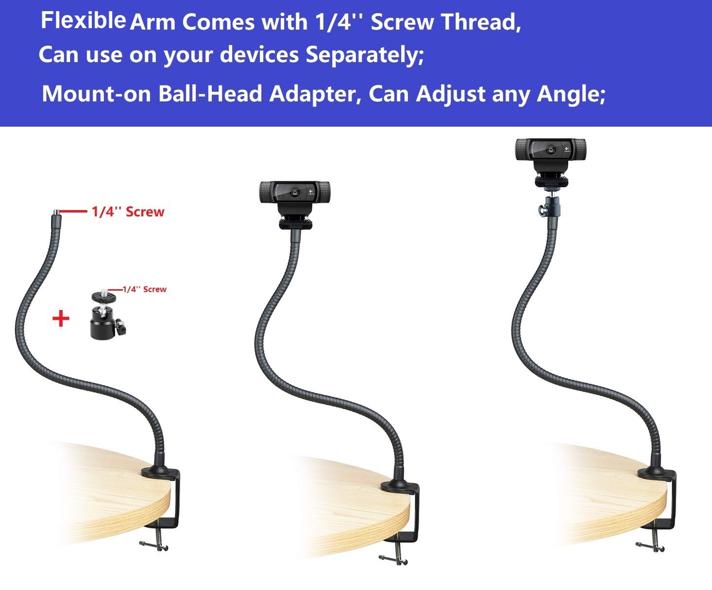 Acetaken 25 Inch Flexible Jaw Arm Clamp Mount Holder Stand Compatible With Logitech Webcam C920S C925E C922 C930 C615 Brio Streamcam