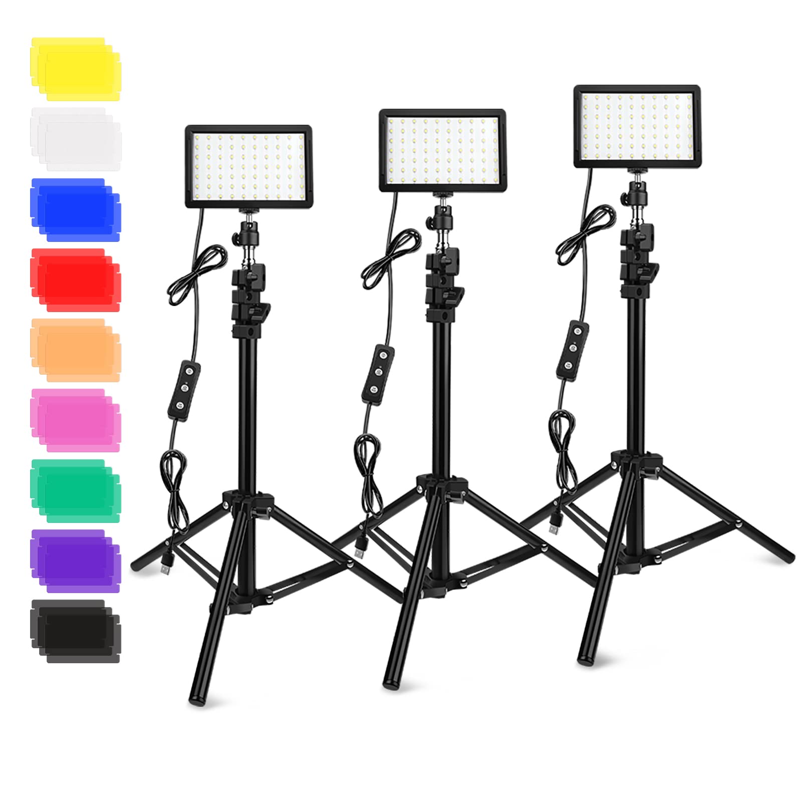 Obeamiu 3 Packs 70 Led Video Light With Adjustable Tripod Stand/Color Filters, 5600K Usb Studio Lighting Kit For Tablet/Low Angle Shooting, Collection Portrait Youtube Photography