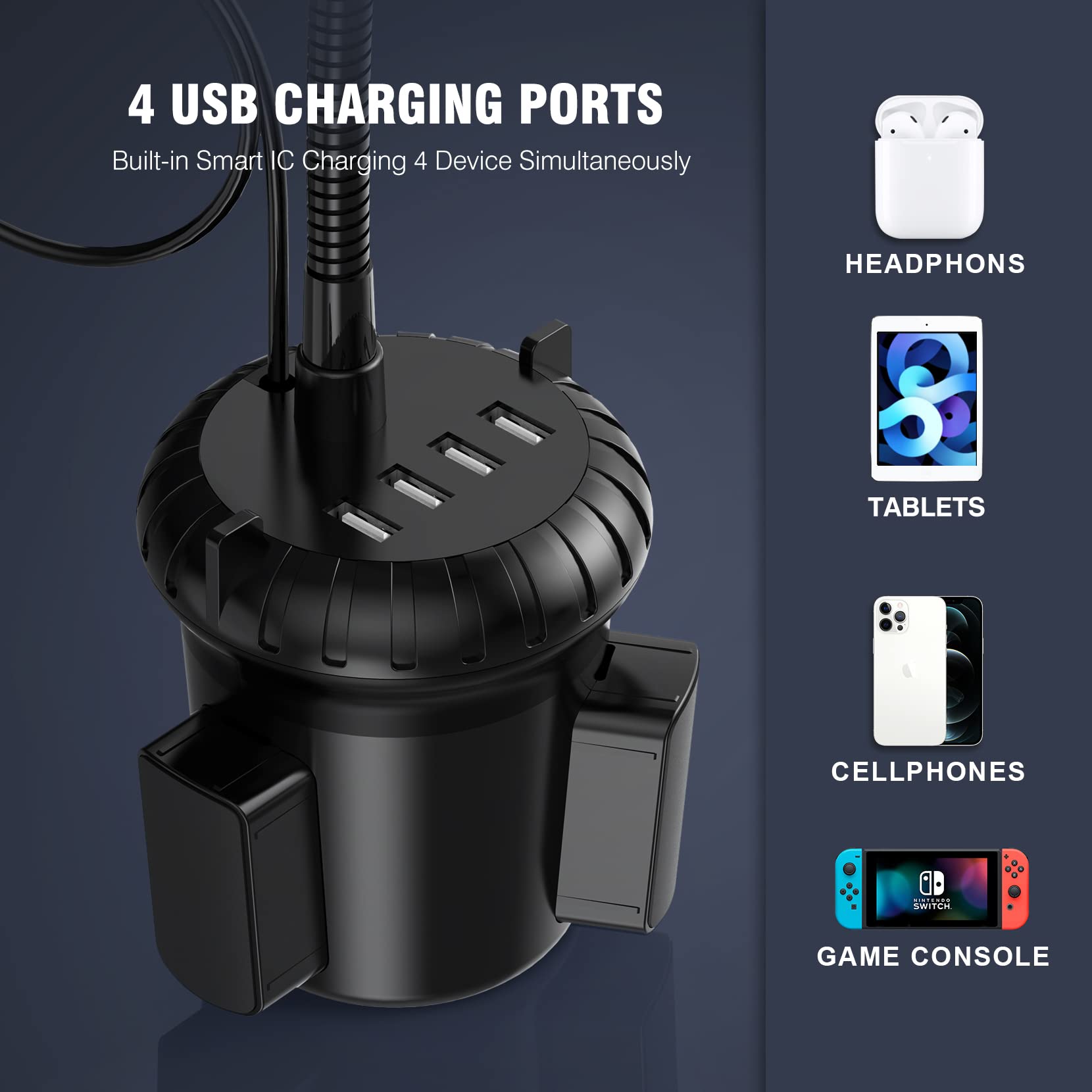 Utik 4-Port Usb Car Charger With Cup Holder Phone Mount, Rapid Multi Port Charger, Adjustable Gooseneck Rotatable Holder For Smartphones