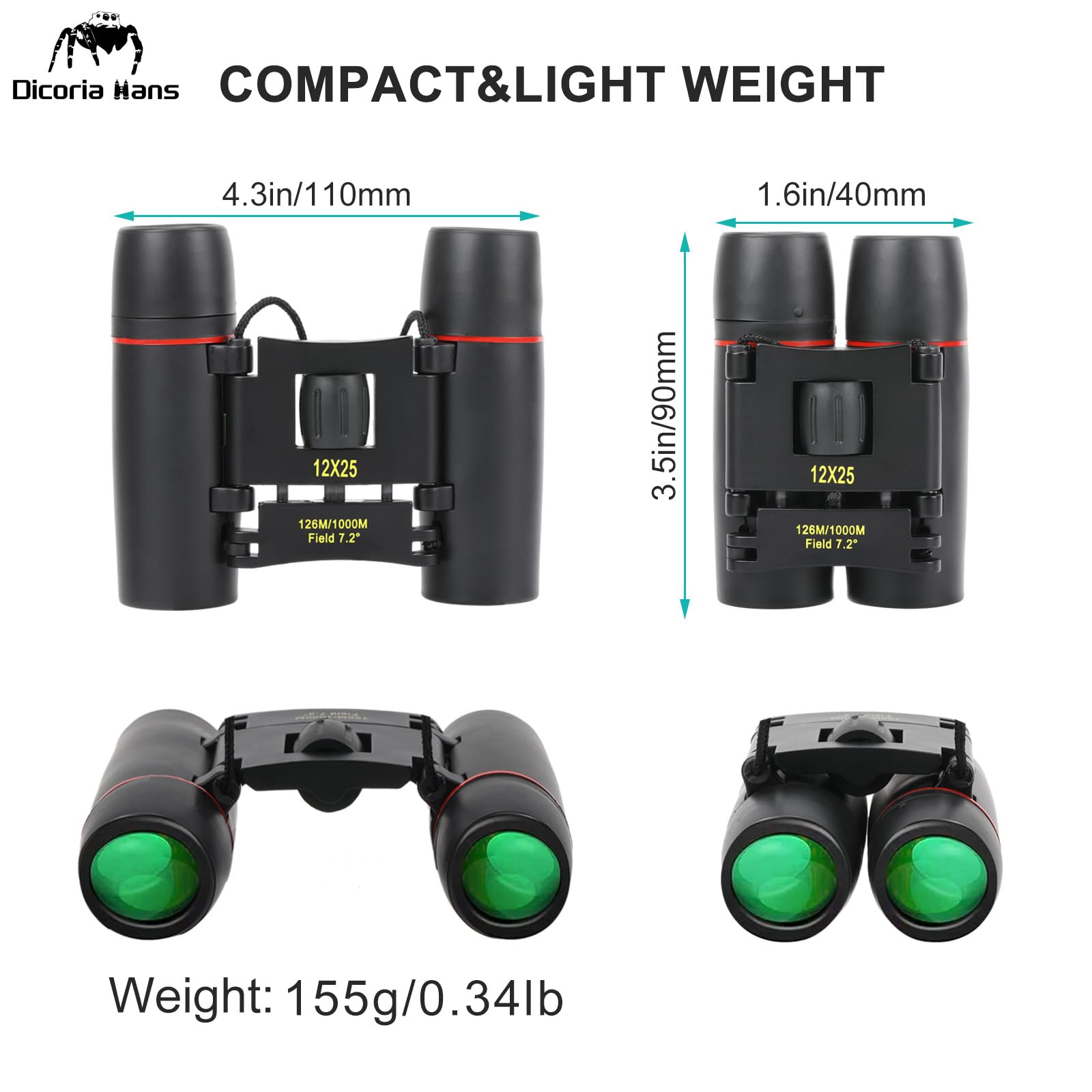 Dicoria Hans 12X25 Small Binoculars Compact Adults,Bk7-D Prism,Mini Kids Binoculars Boys For Bird Watching,Concert Theater Opera
