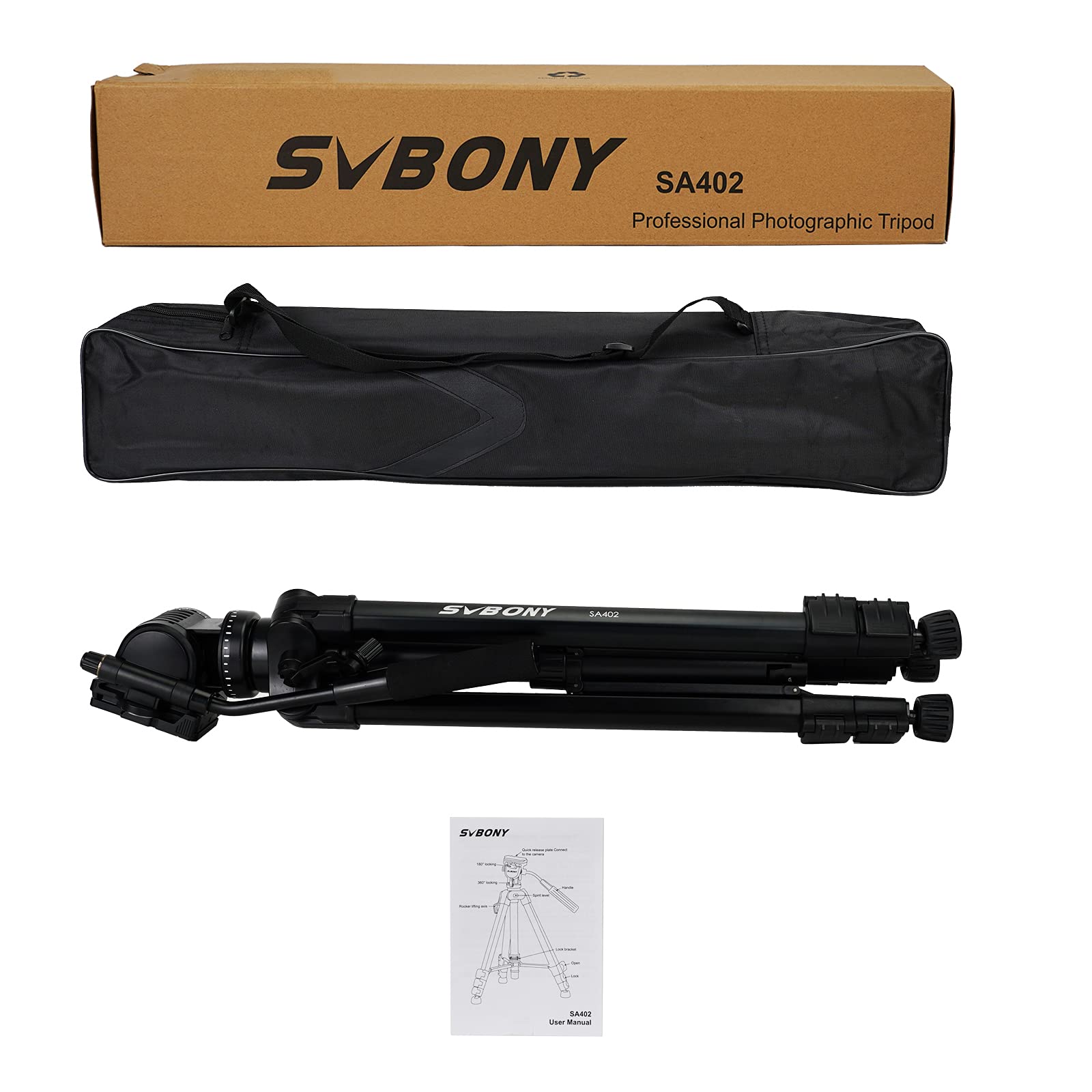 Svbony Sa402 Tripod, Fluid Head Aluminum Travel Tripod With 1/4 Inch Quick Shoe Plate For Spotting Scope And Digital Slr Dslr Cameras Camcorder, Load Up To 13.2 Pounds
