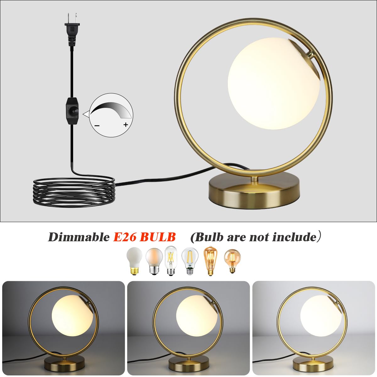 Masivel Globe Table Lamp, Mid Century Modern Lamp For Nightstand, Unique Sphere Table Lamps For Bedroom Bedside Living Room Office Nightstand, E26 Dimmable Switch, Brass