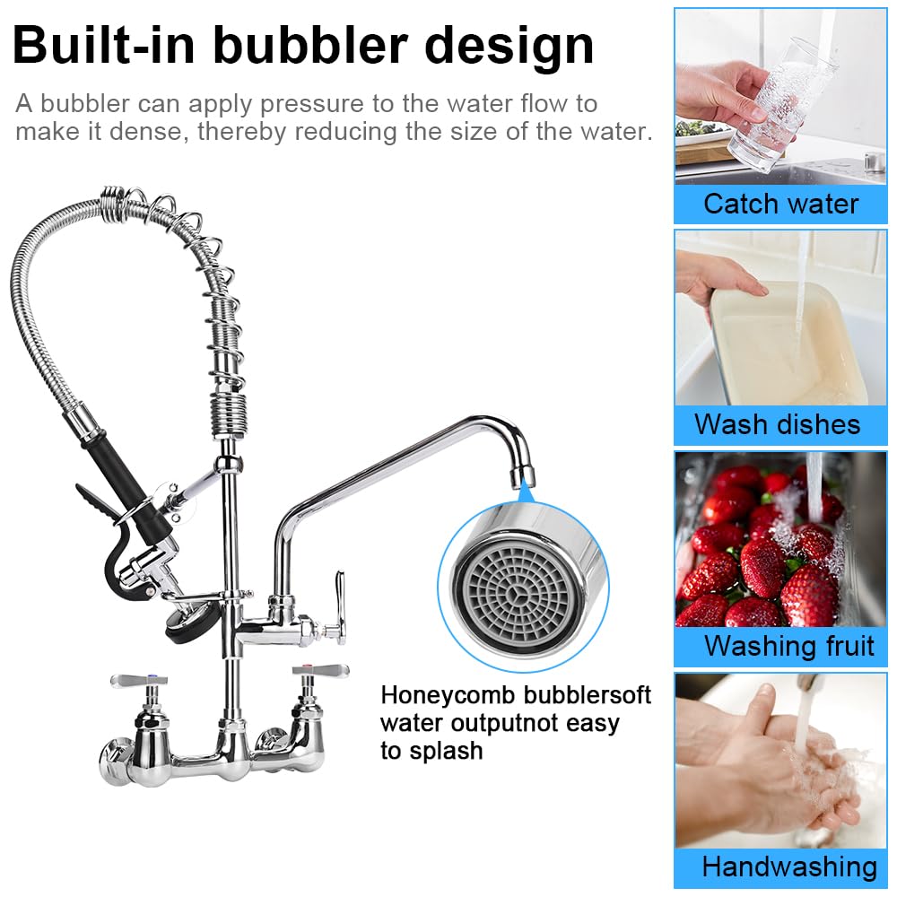 Tceumik Commercial Kitchen Faucet With Sprayer Wall Mount 25'' Height 8 Inch Adjustable Center Industrial & Restaurant Sink Faucet With 12" Swivel Spout Pre-Rinse Faucet For 1 2 3 Compartment Sink