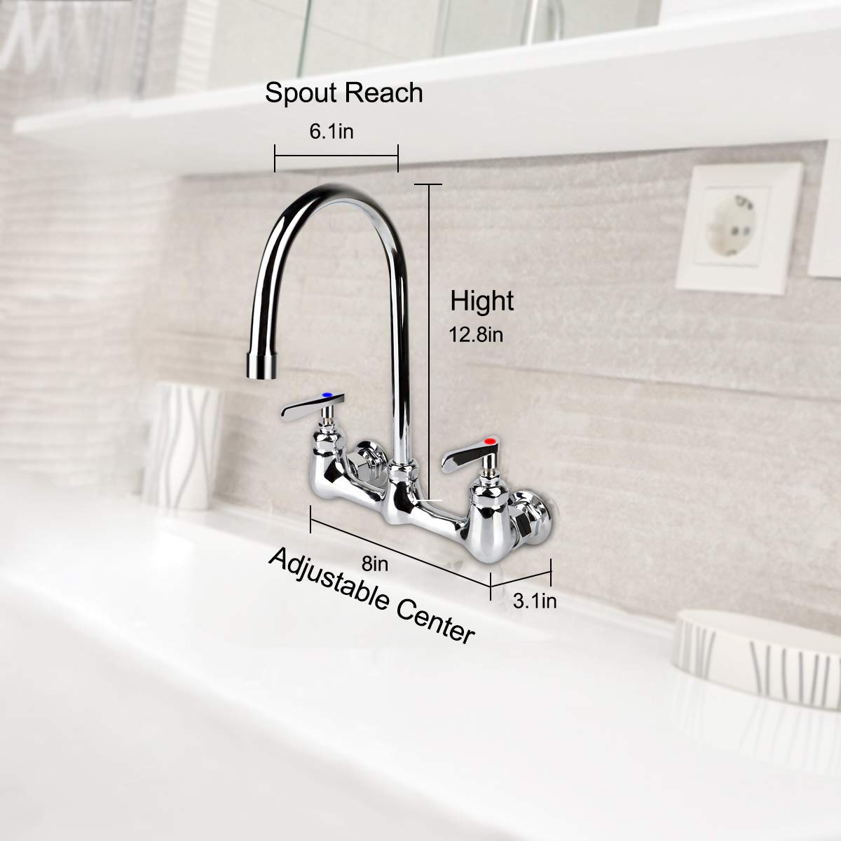 Kwode Wall Mount Faucet 8 Inch Center Commercial Kitchen Sink Faucet With 6" Gooseneck Swivel Spout 2 Handles Control Brass Contructed Chrome Finish