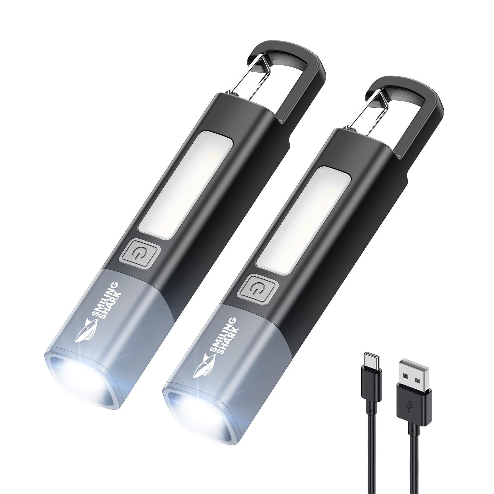 Smiling Shark Flashlight,2 Pack Recargeable Flashlights Led With 3 Modes & Hook And Zoomable & Waterproof 2-In-1 Flash Light And Side Light For Camping/Home/Emergency,G1 (Black)