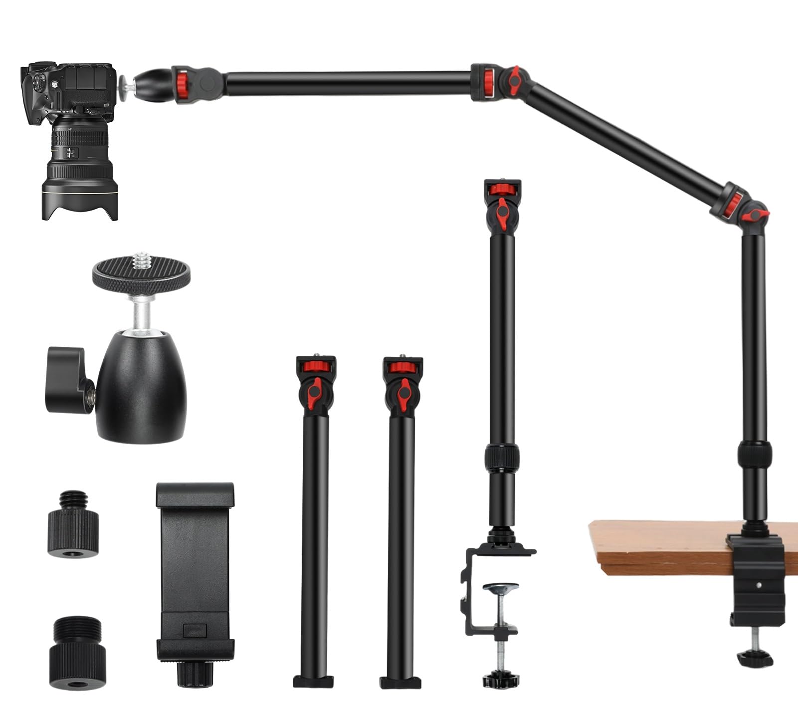 Taisioner Overhead Camera Desk Mount Stand-3-Section Adjustable Boom Arm With C-Clamp 360° Ball Head 5Lb Load Capacity Compatible With Dslr,Webcam,Lights,Microphone Live,Youtube,Online Courses
