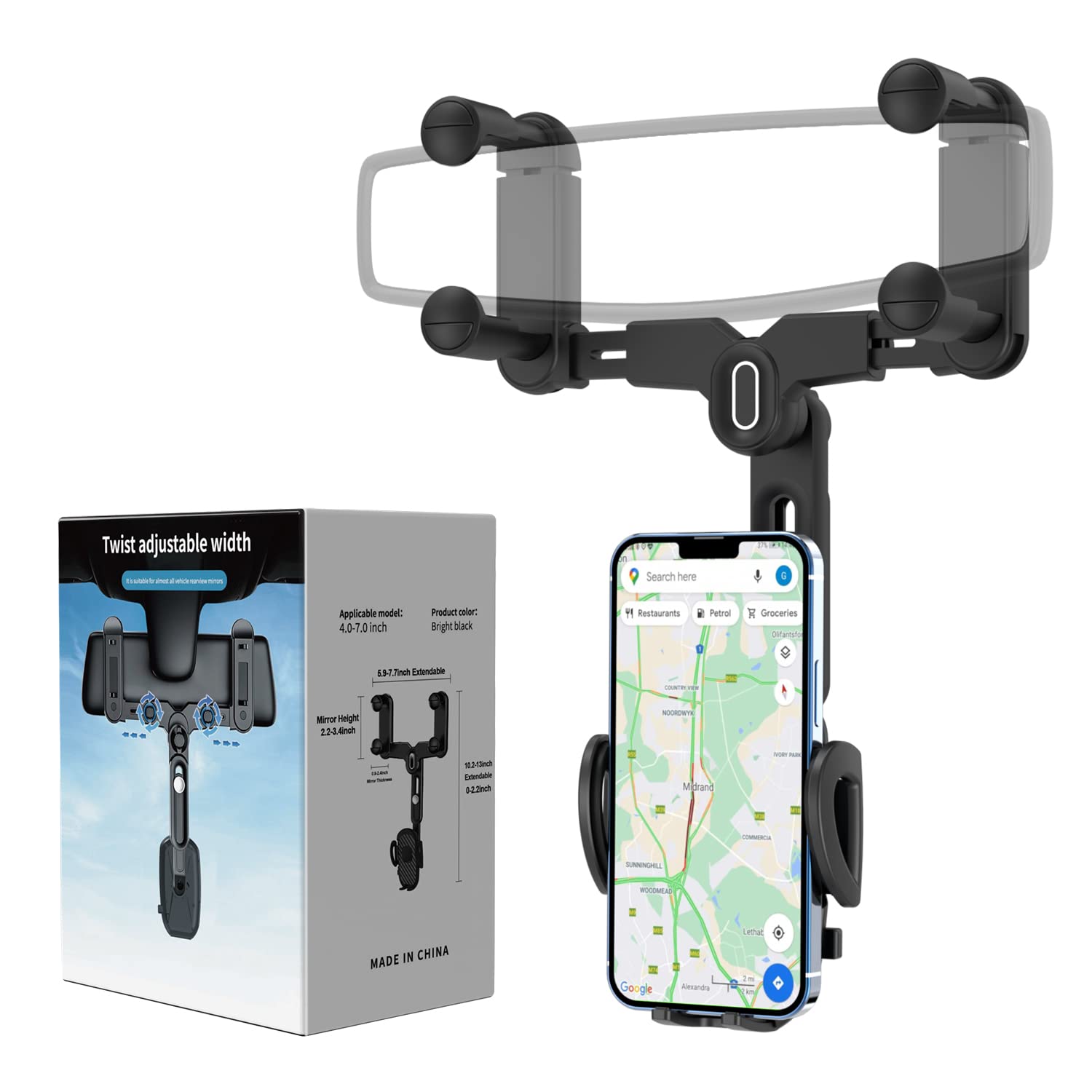 Miuolv Car Phone Holder For Rearview Mirror, 360 Rotatable And Retractable, Fits 4.0-7.0 Inch Smartphones, Mirror-Black