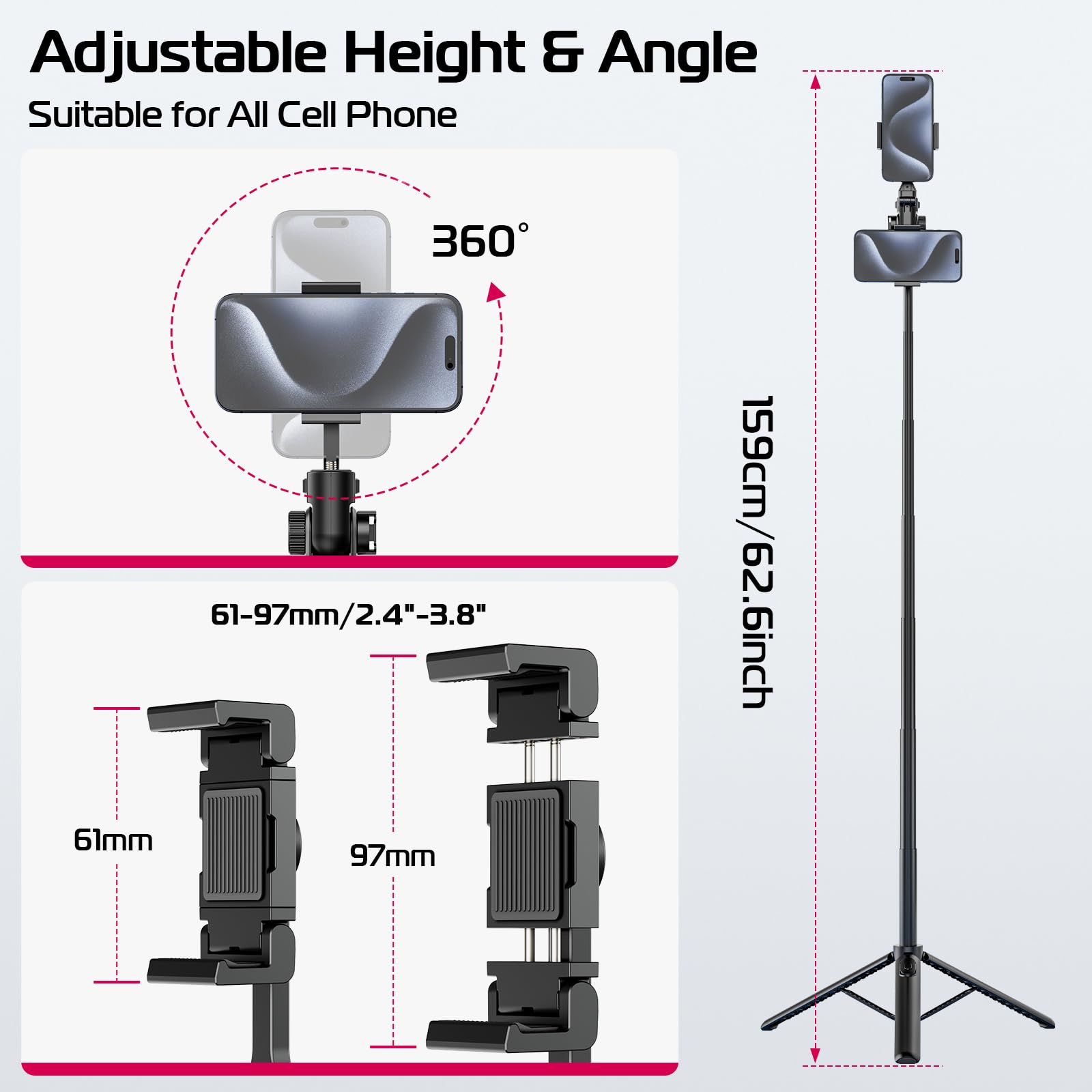 Ulanzi Mt-70 Extendable Phone Tripod, 63"" Selfie Stick Phone Vlog Tripod Stand With 2 Phone Clip, 360° Rotate Dual Camera Tripod For Iphone Sony Canon Gopro, Lightweight For Travel, Black