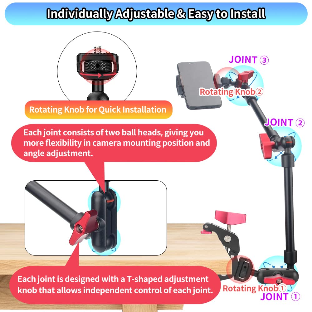 Jebutu 22" Magic Arm W Clamp Camera Mount, Adjustable Articulating Arm Friction Camera Boom Arm W 1/4" Thread, Overhead Camera Desk Phone Mount Clamp Stand For Tripod Light Webcam Mic Video Rig