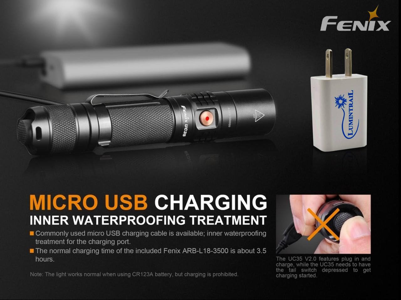 Lumintrailx Fenix Uc35 V2.0 Rechargeable Tactical Handheld Led Flashlight 1000 Lumens With Lumintrail Usb Wall Plug