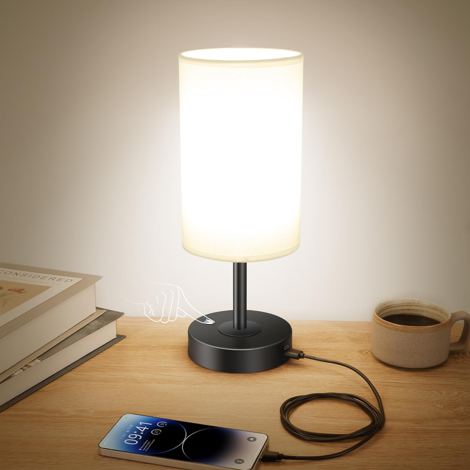 Madckdedrt Cordless Led Table Lamp With Dimmer,Built-In Rechargeable Battery,Fabric Shade,Stepless Dimming,Suitable For Bedroom, Living Room, Dining Room, Patio Lighting,Black